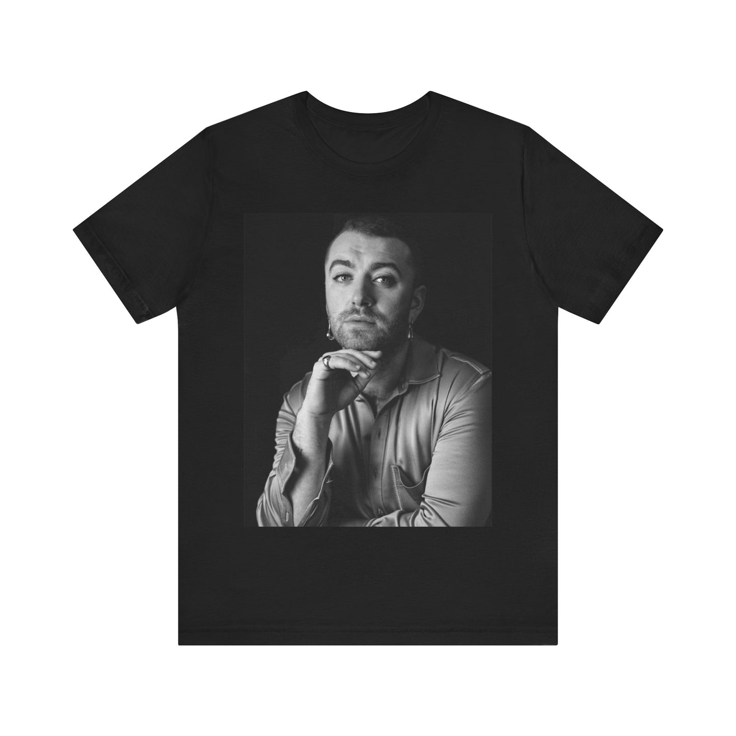 A black graphic t-shirt featuring a black and white portrait photo of Sam Smith.