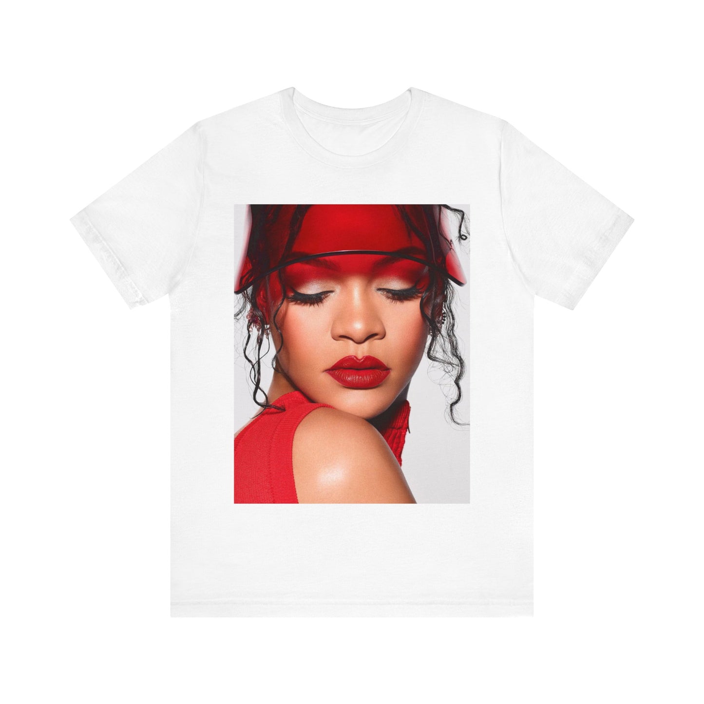 A black graphic t-shirt featuring a casual pop fan graphic of Rihanna.