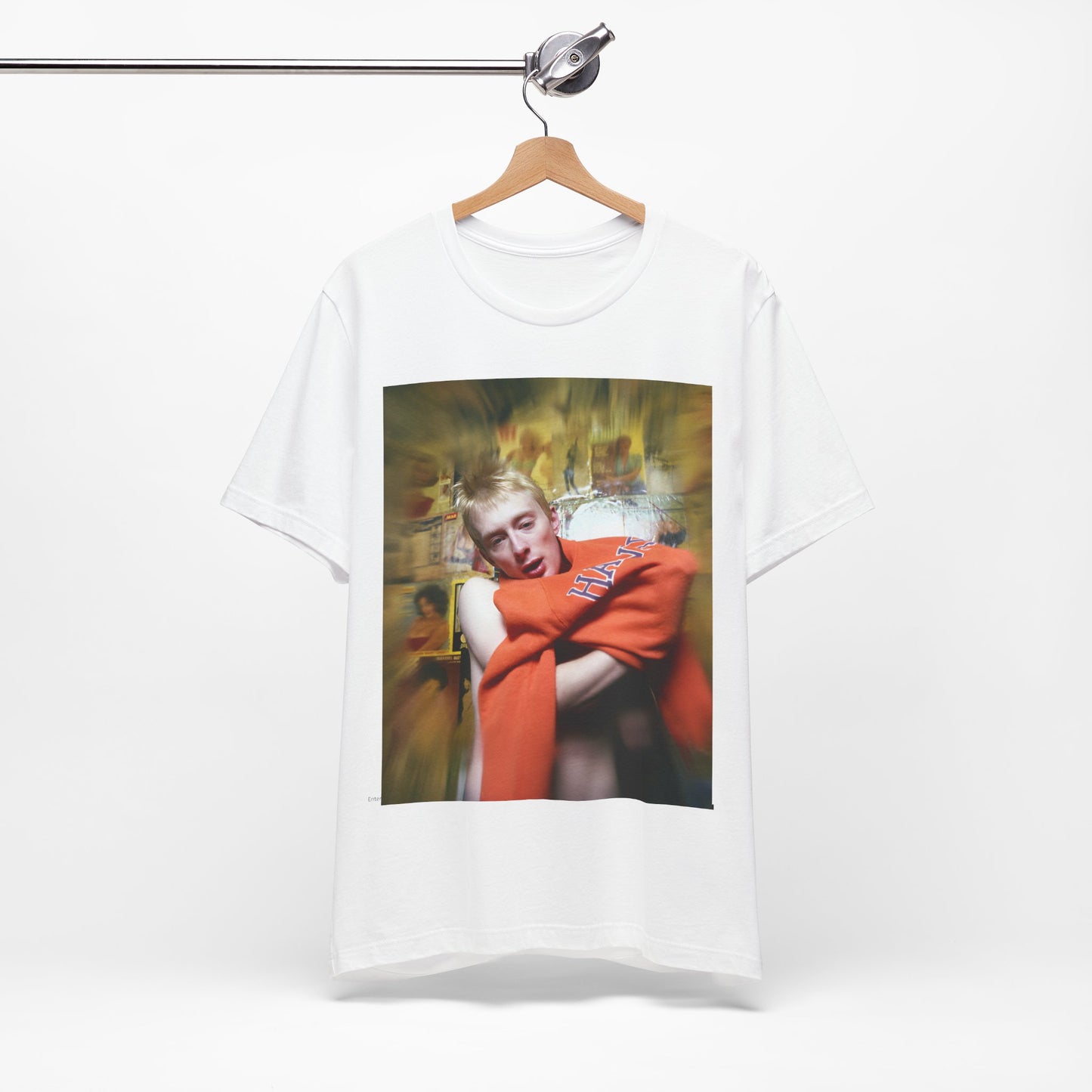 A black graphic t-shirt featuring a rock aesthetic graphic of Radiohead.