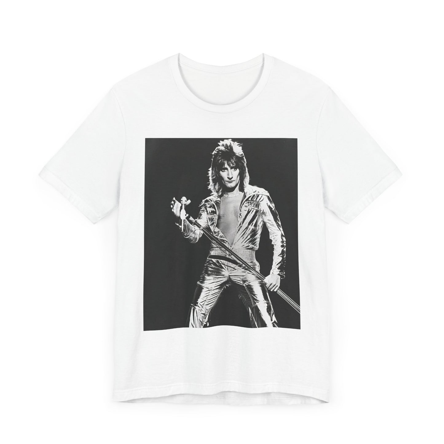 A black graphic t-shirt featuring a 70s black and white monochrome graphic or photo of Rod Stewart.