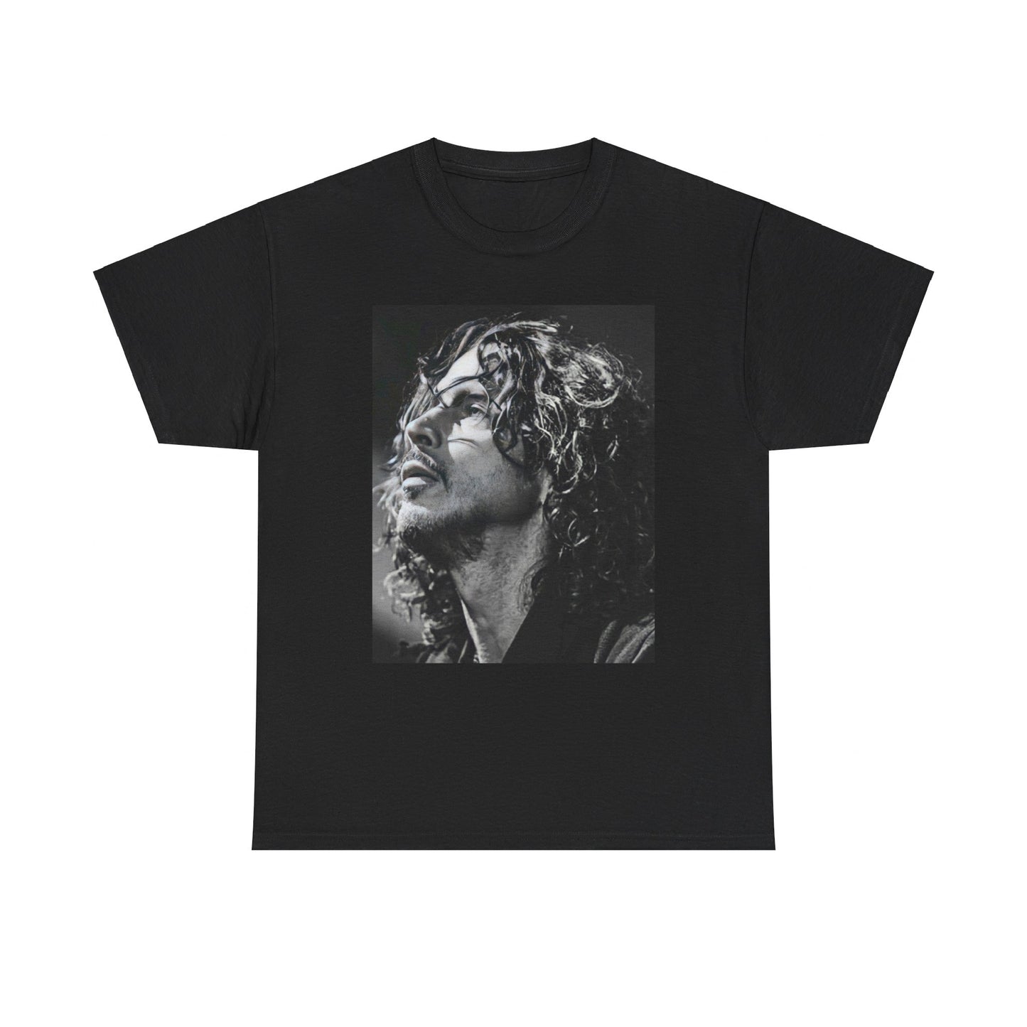 A black graphic t-shirt featuring a black and white graphic or portrait of Chris Cornell as a grunge icon.