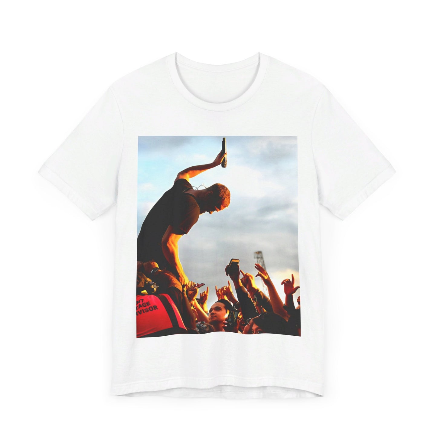 A black graphic t-shirt featuring a graphic of Dan Reynolds from Imagine Dragons performing live.