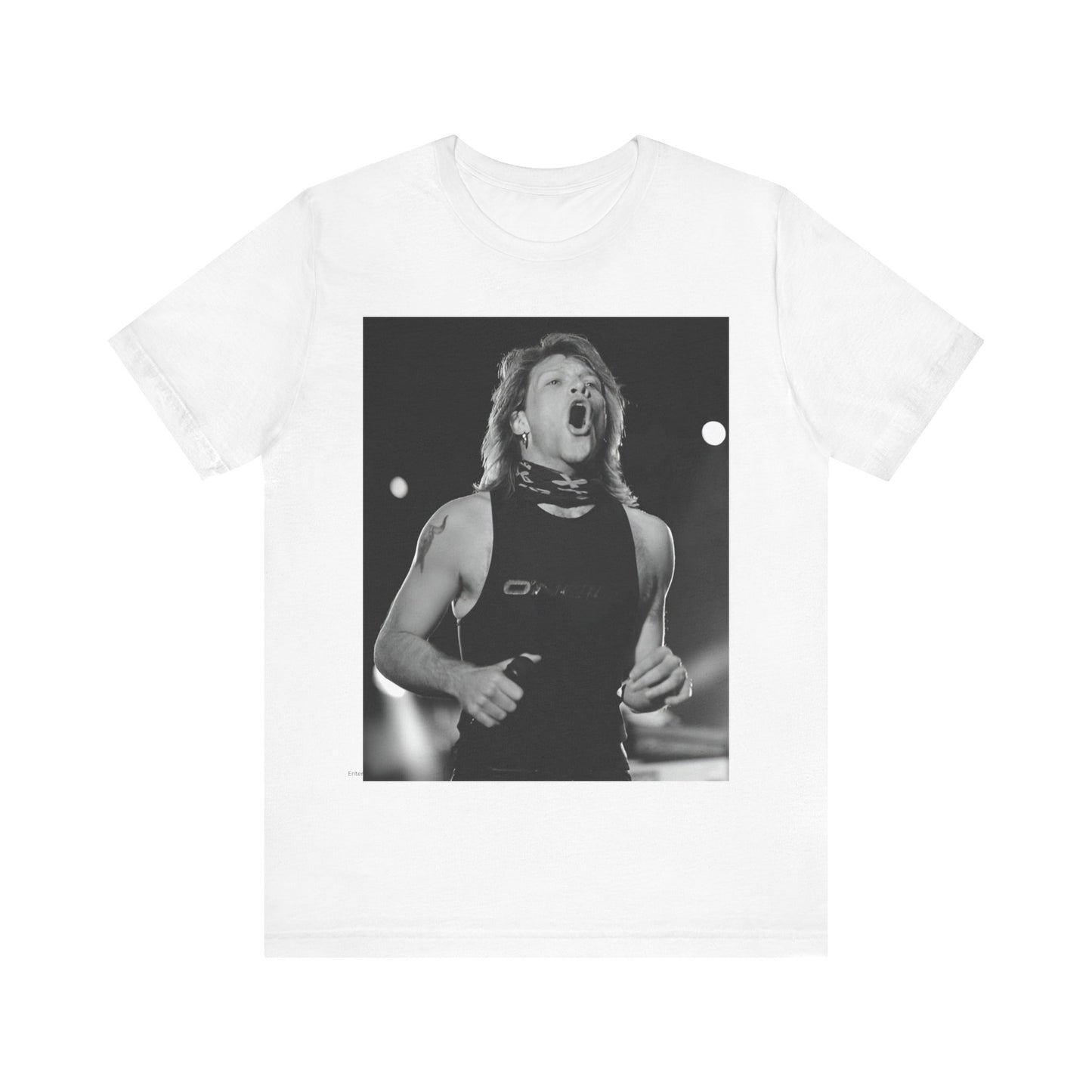 A black graphic t-shirt featuring a black and white iconic graphic or photo of Bon Jovi as superstars.