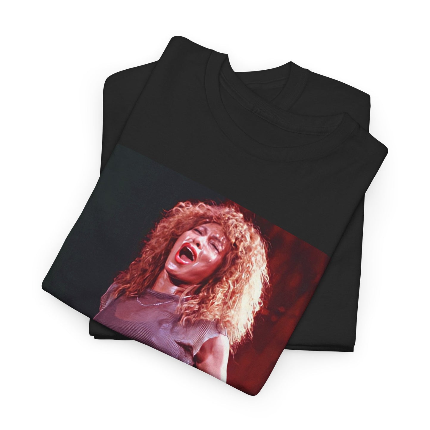 A black graphic t-shirt featuring a graphic of Tina Turner's iconic hair style.