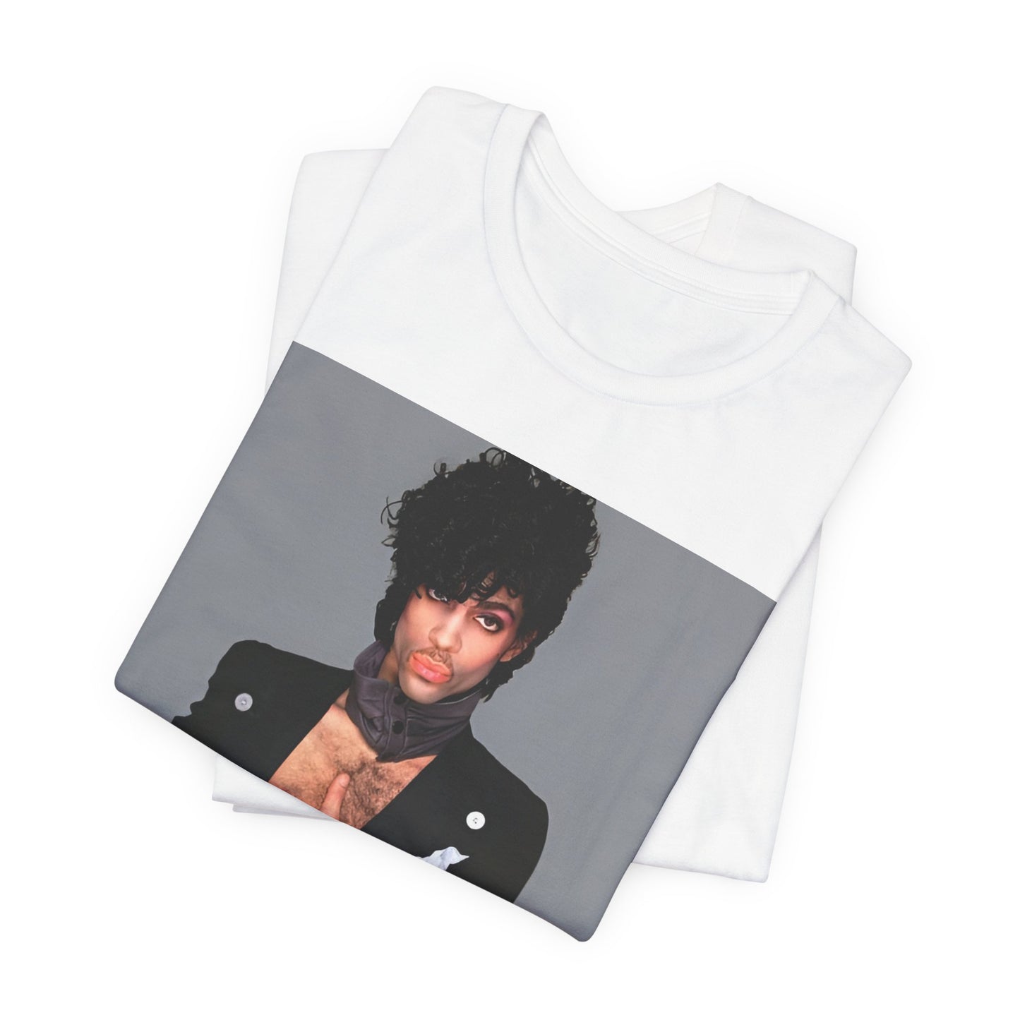 A black graphic t-shirt featuring a 90s vintage funk pop icon graphic of Prince.