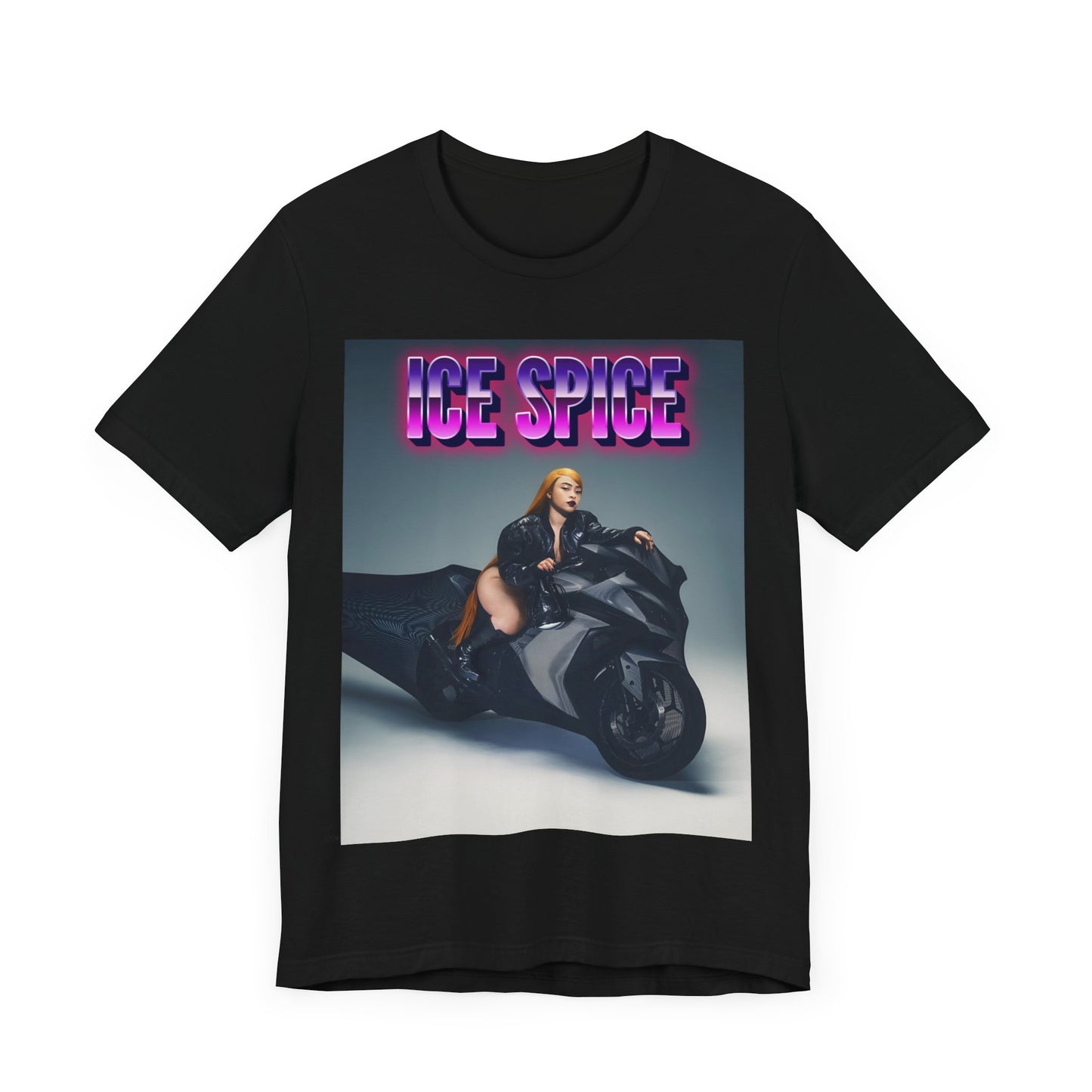 A black graphic t-shirt featuring a graphic of Ice Spice related to motorcycles or a rebellious, cool style.