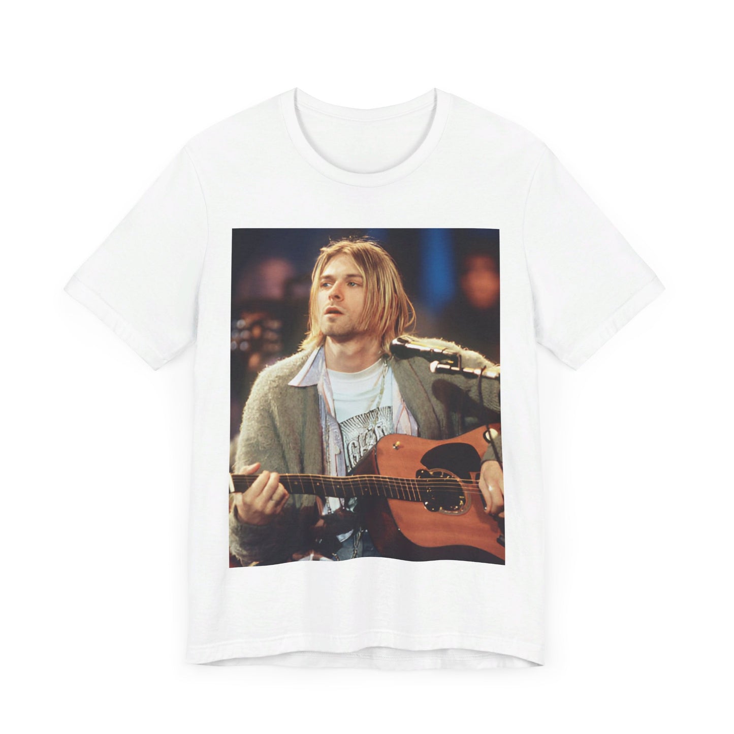A black graphic t-shirt featuring a graphic related to Nirvana's 1994 Unplugged performance.