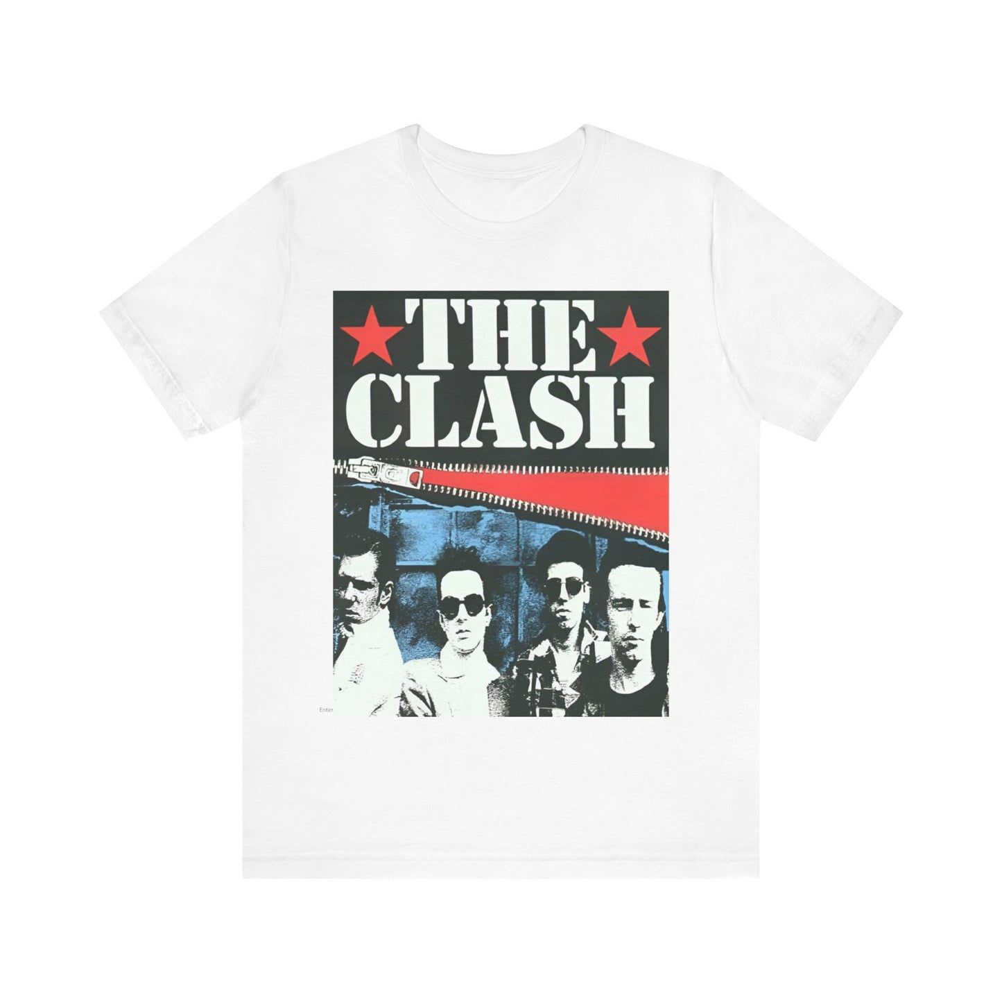 A black graphic t-shirt featuring a casual punk fan graphic of The Clash.