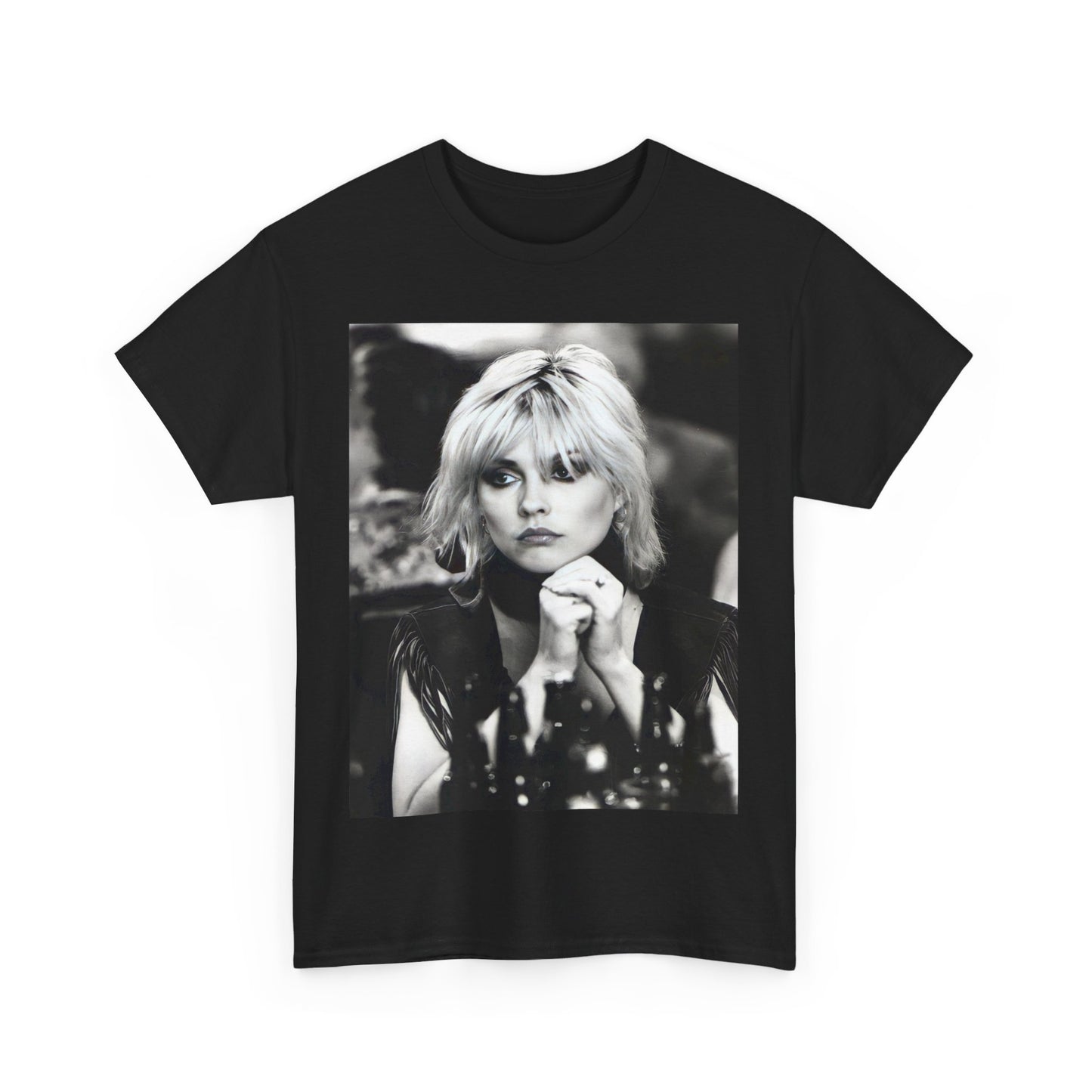A black graphic t-shirt featuring an iconic black and white graphic or photo of Blondie.