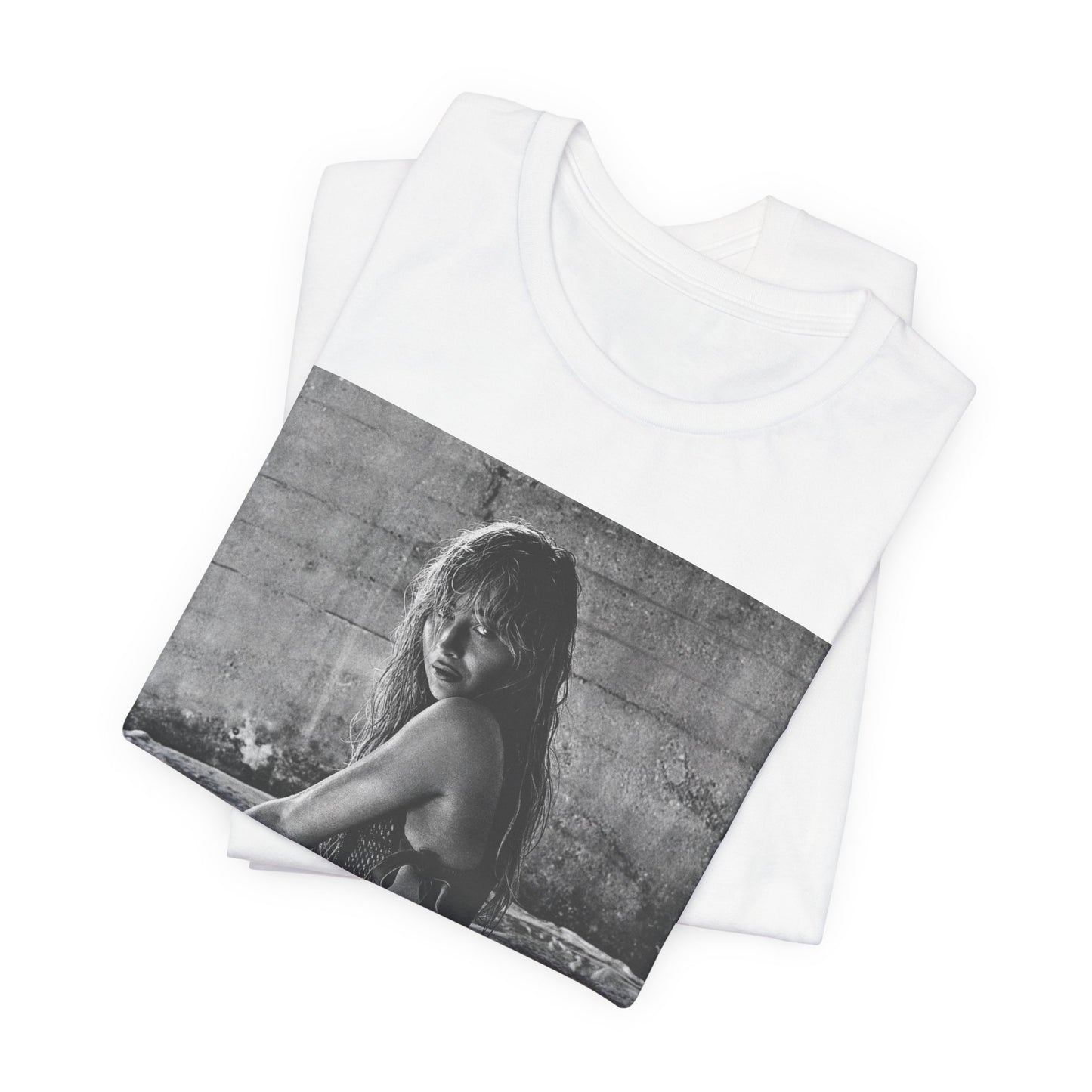 A black graphic t-shirt featuring a black and white, monochrome graphic or photo of Sabrina Carpenter.
