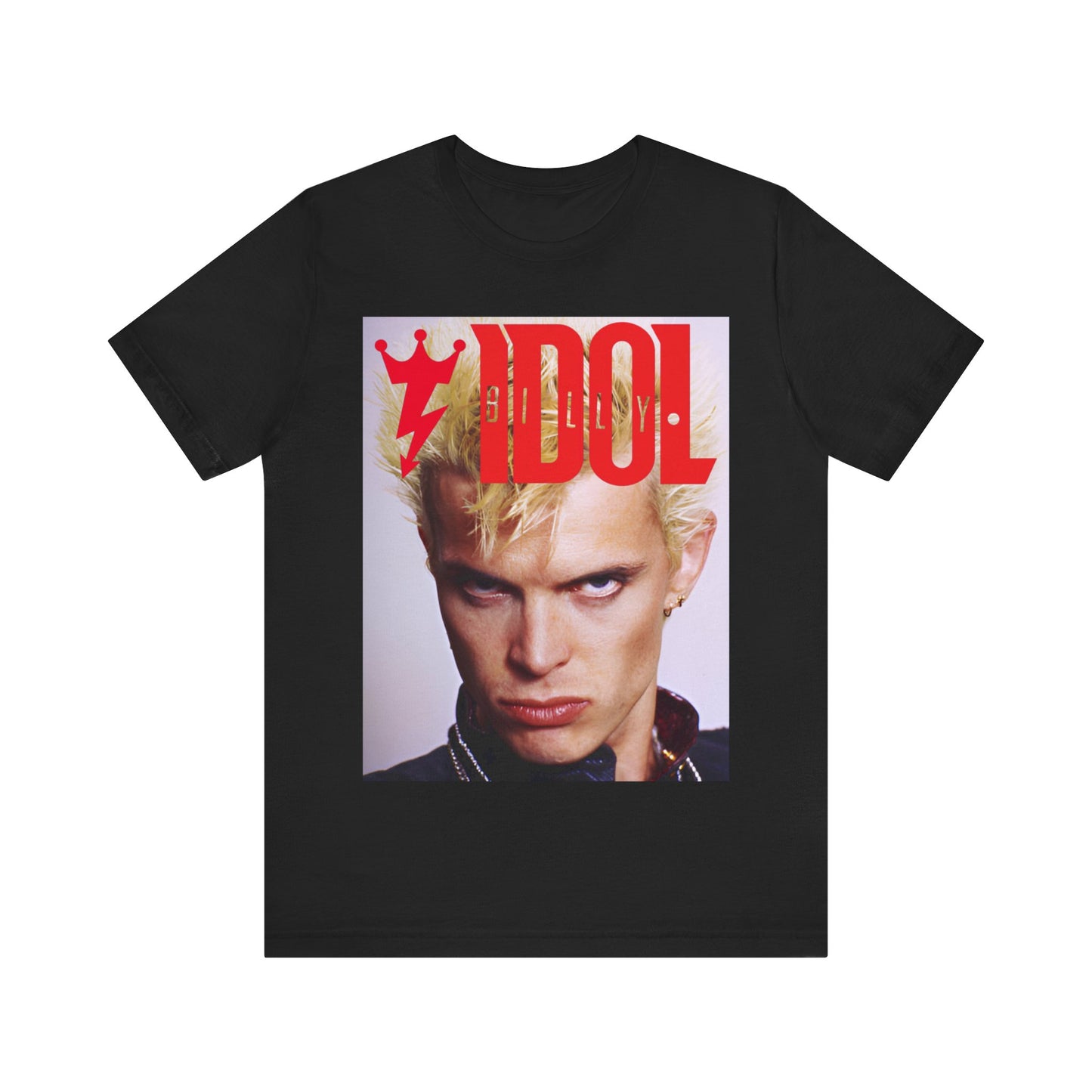 A black graphic t-shirt featuring a graphic inspired by Billy Idol's 'Rebel Yell' album or era.