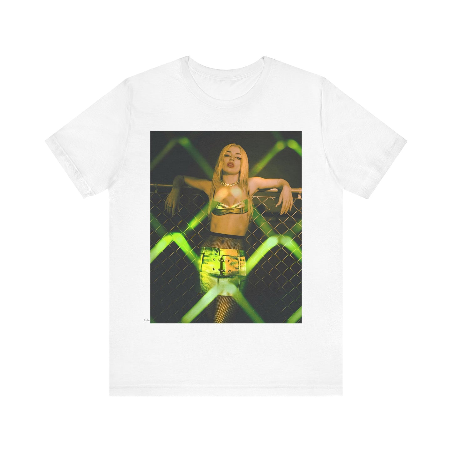A black graphic t-shirt featuring a graphic of Ava Max with prominent neon green aesthetic elements.