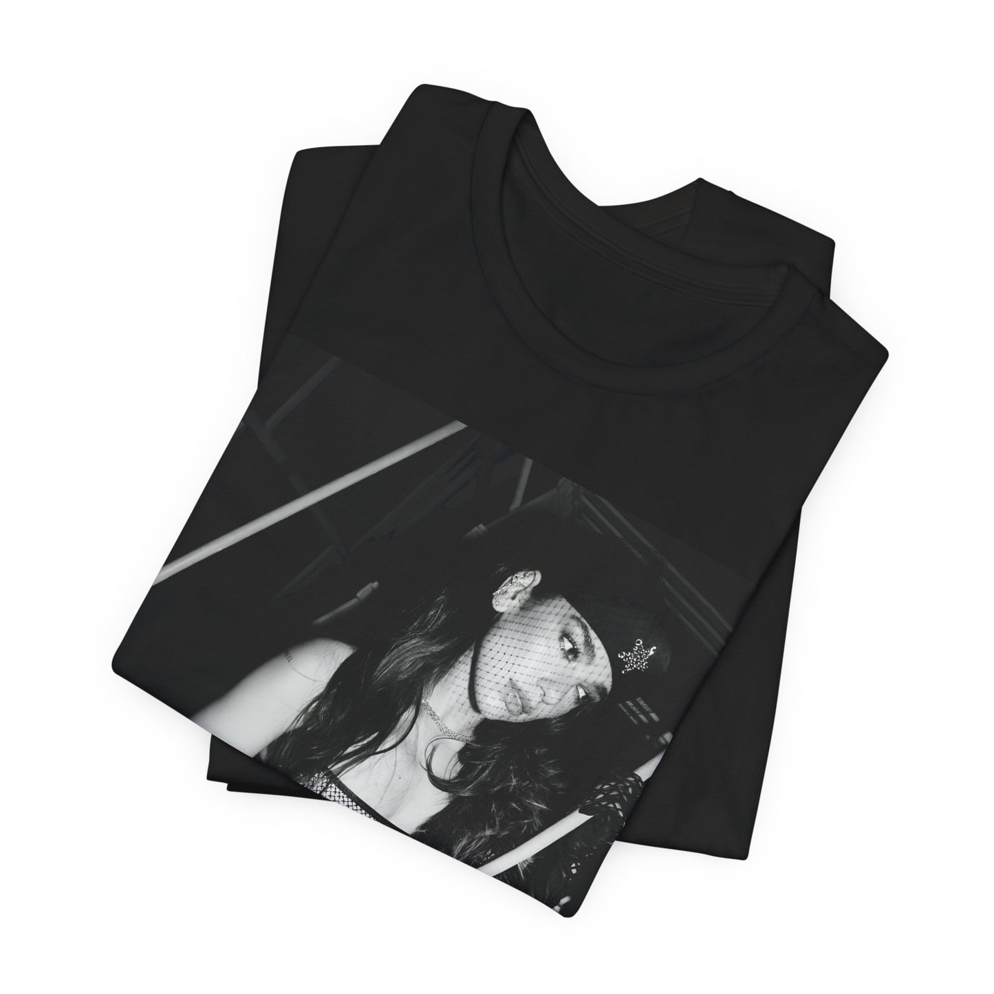 A black graphic t-shirt featuring a black and white, monochrome graphic or portrait of Dua Lipa.