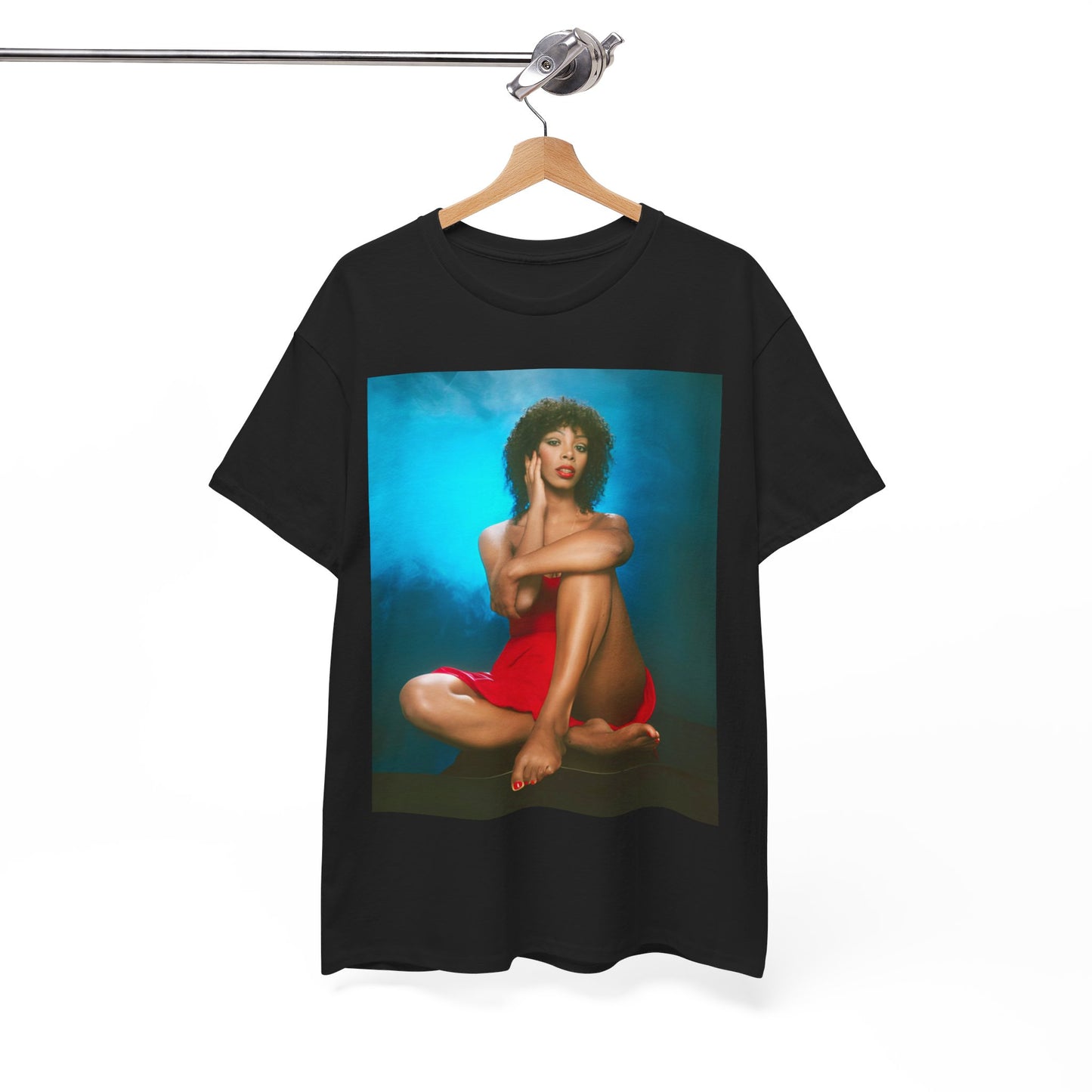 A black graphic t-shirt featuring a vintage 70s graphic of Donna Summer as a disco queen.