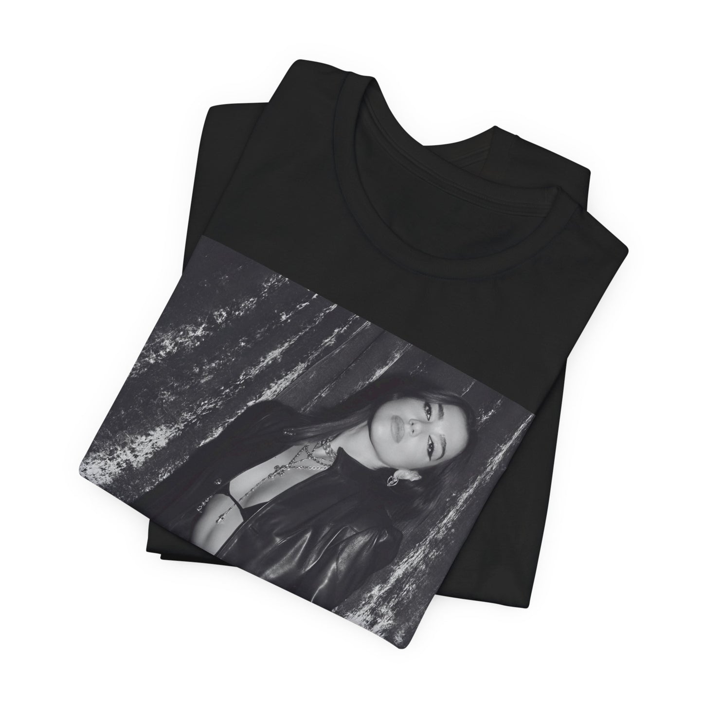 A black graphic t-shirt featuring a black and white portrait photo of Dua Lipa.