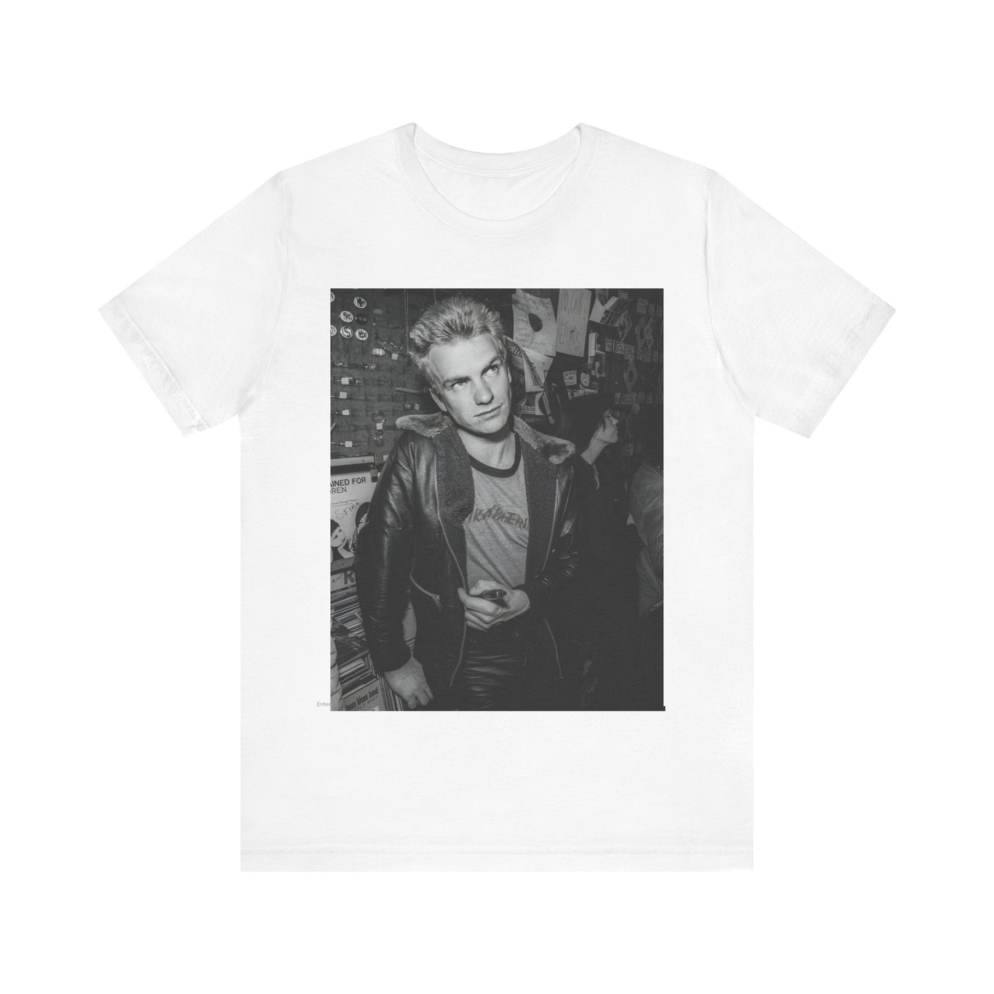 A black graphic t-shirt featuring a vintage black and white monochrome graphic or photo of Sting.