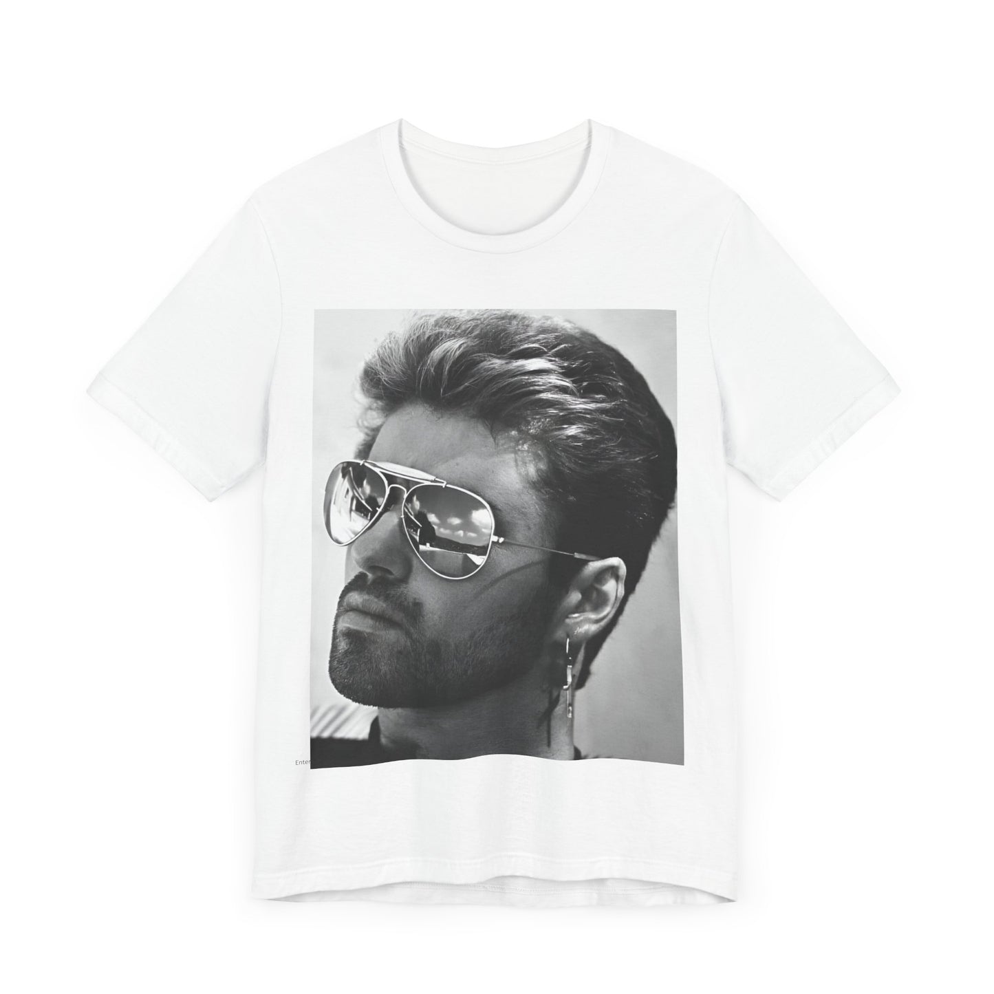 A black graphic t-shirt featuring a photo of George Michael wearing iconic sunglasses.
