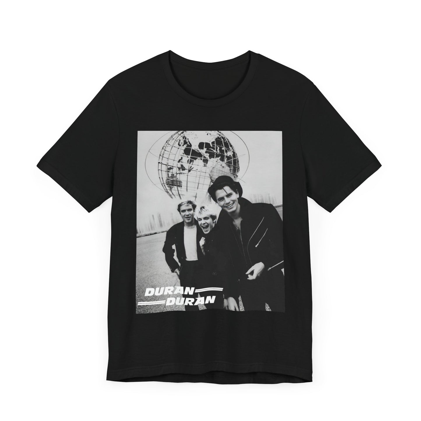 A black graphic t-shirt featuring a black and white portrait photo of the band Duran Duran.