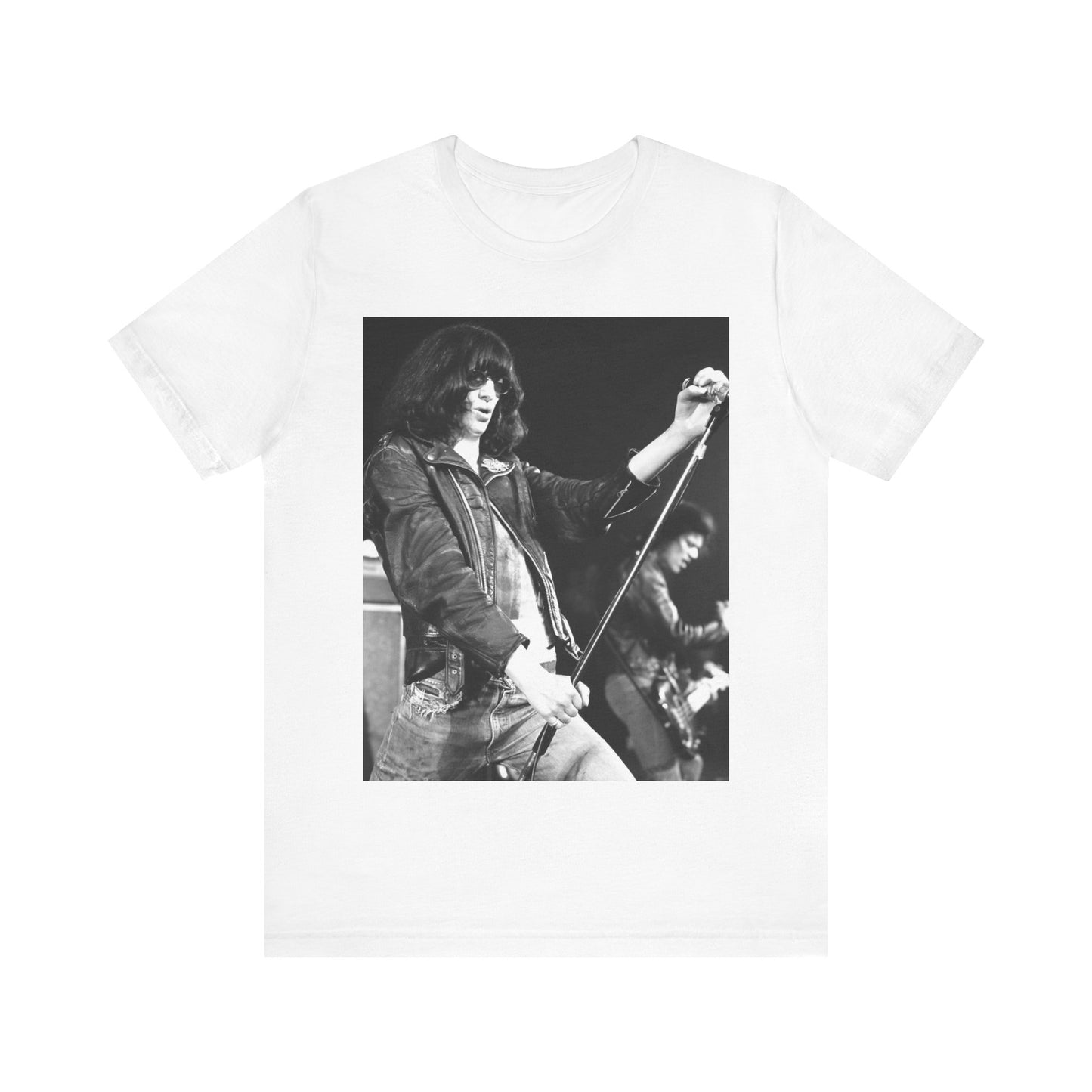 A black graphic t-shirt featuring a graphic of Joey Ramone from Ramones as the Godfather of Punk.