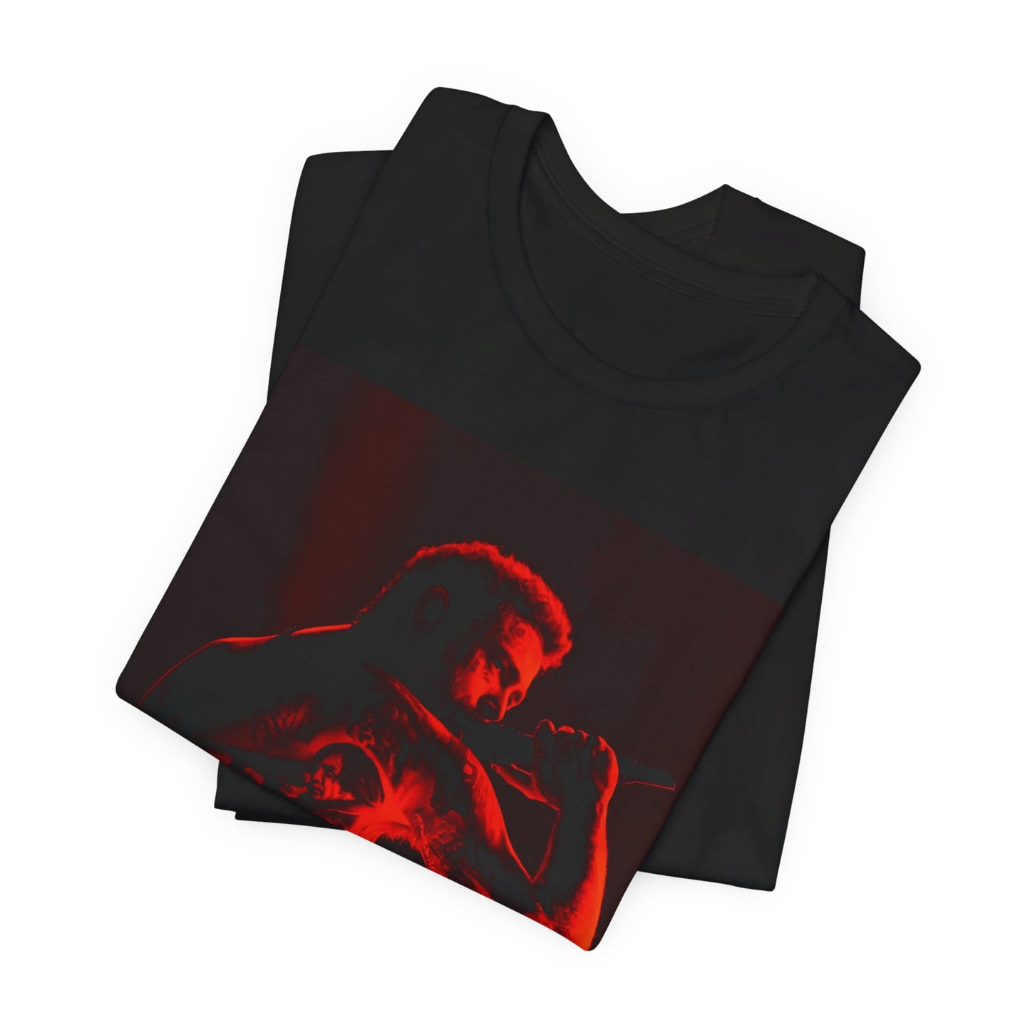 A black graphic t-shirt featuring a graphic related to Post Malone's 'Stoney' album or live performances.