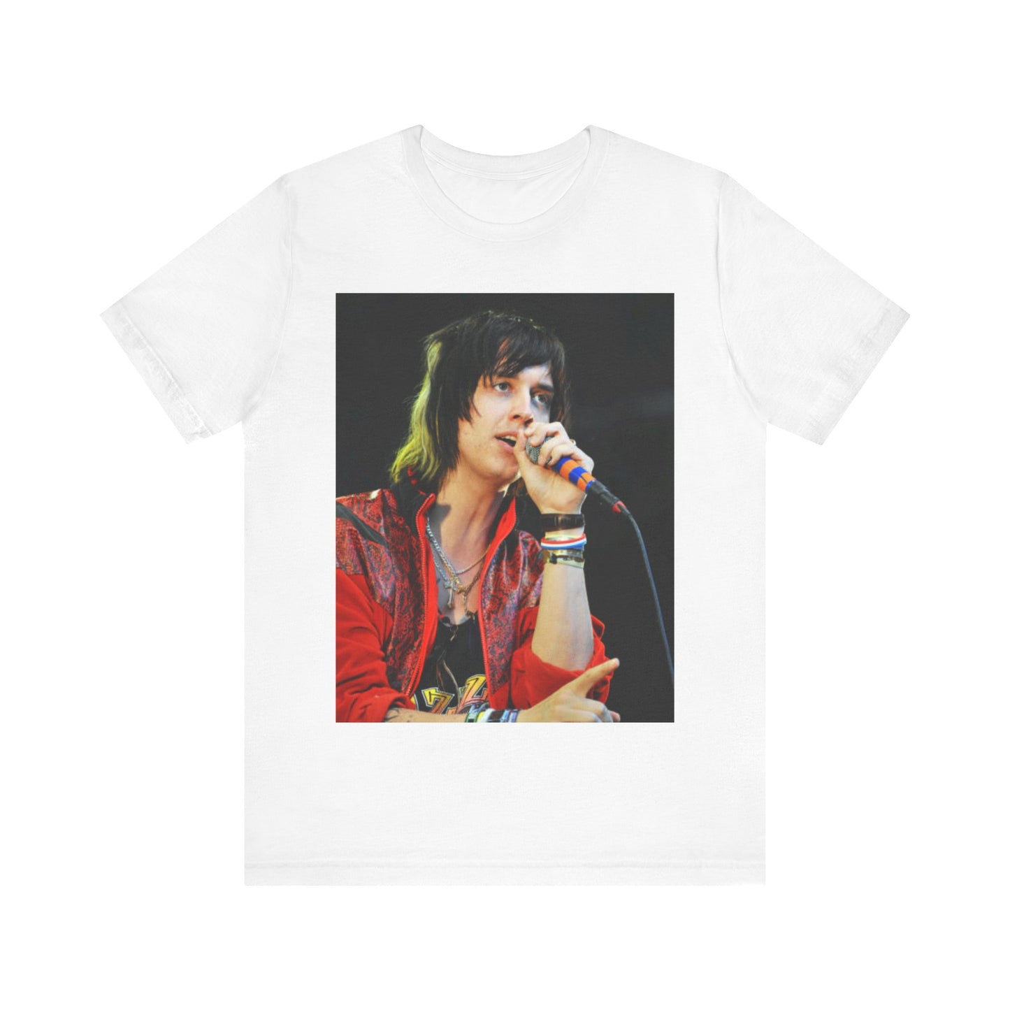A black graphic t-shirt featuring a vintage indie rock graphic of The Strokes.