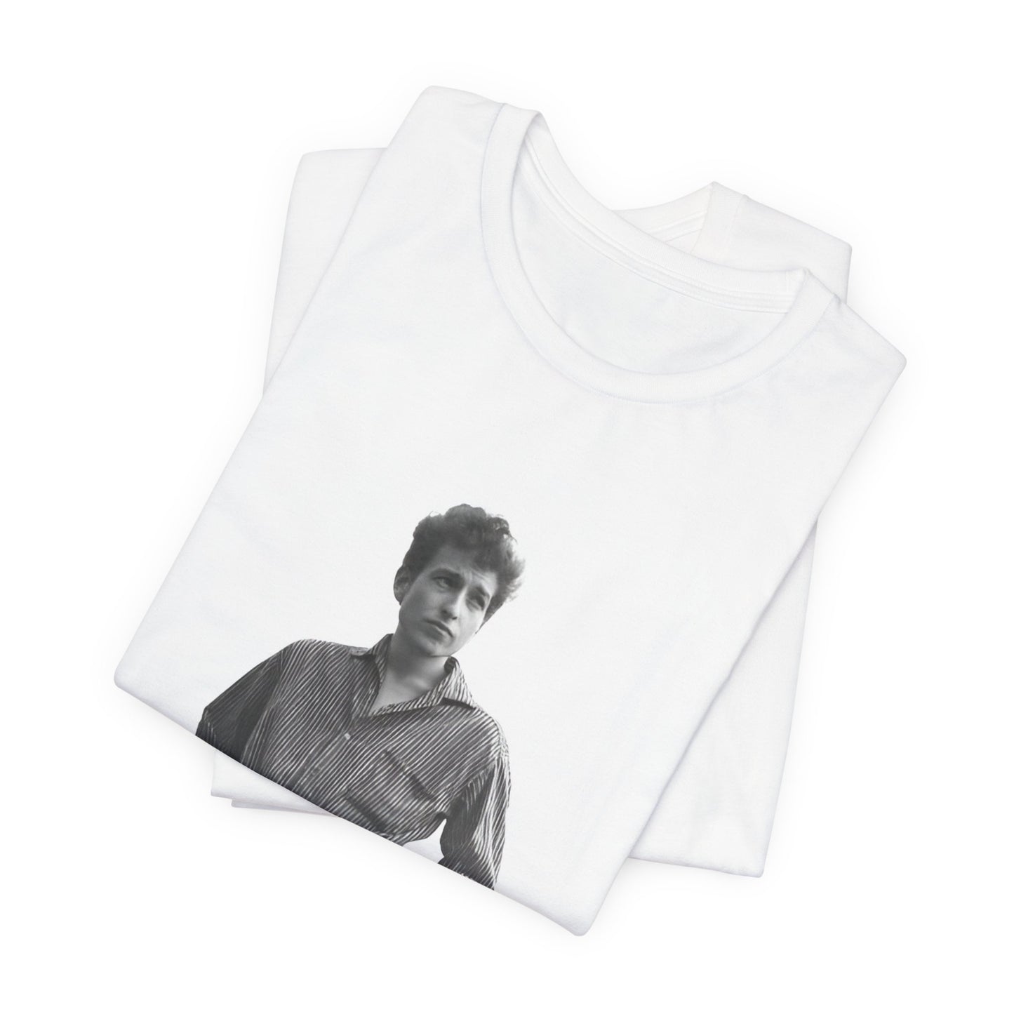 A black graphic t-shirt featuring a vintage 60s folk aesthetic graphic of Bob Dylan.