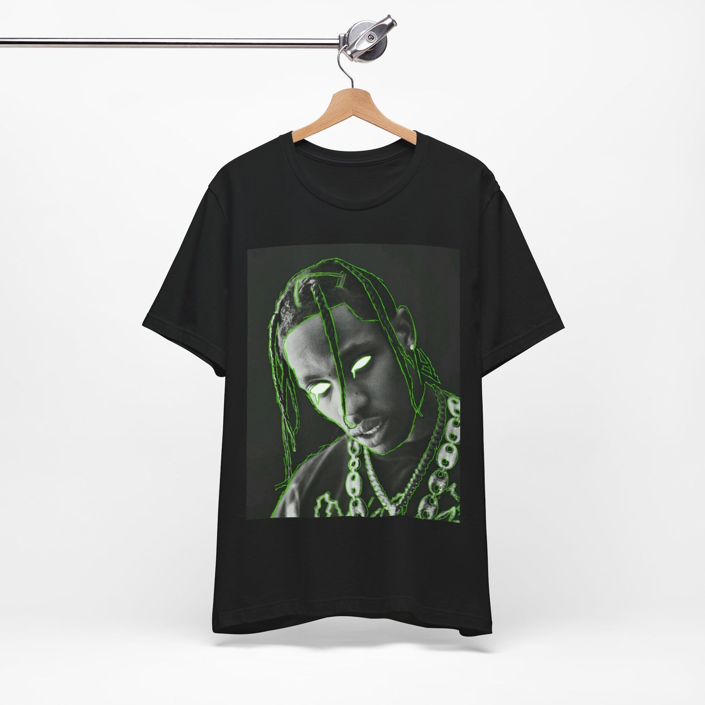 A black graphic t-shirt featuring a retro graphic related to Travis Scott's 'Sicko Mode' song or era.
