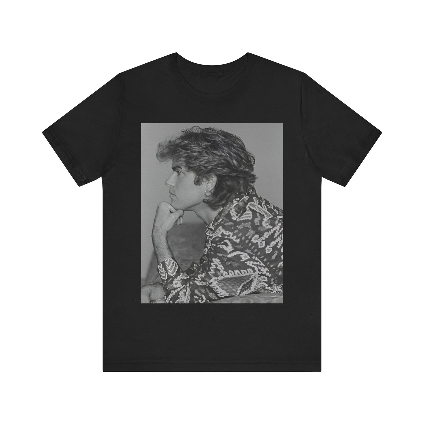 A black graphic t-shirt featuring a graphic of George Michael from his 80s Wham! era.