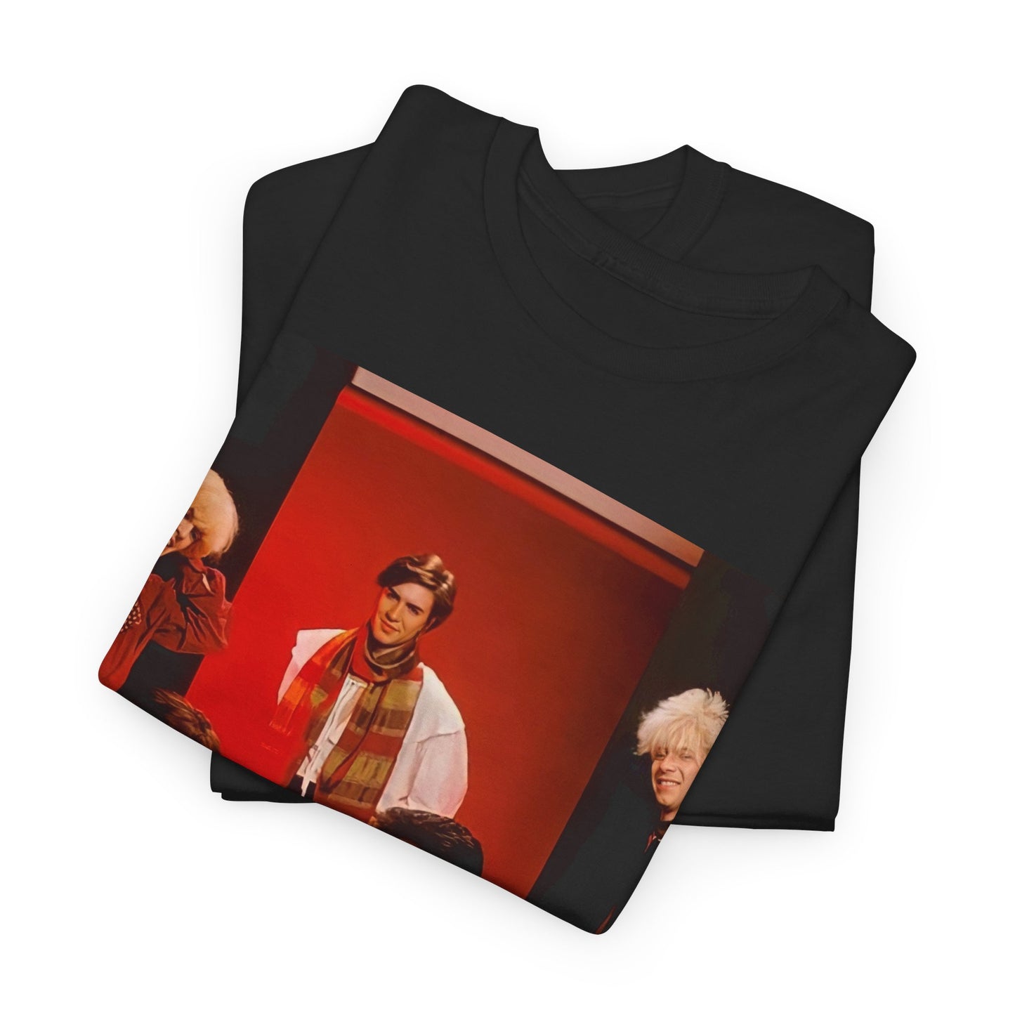 A black graphic t-shirt featuring an 80s aesthetic pop graphic of Duran Duran.