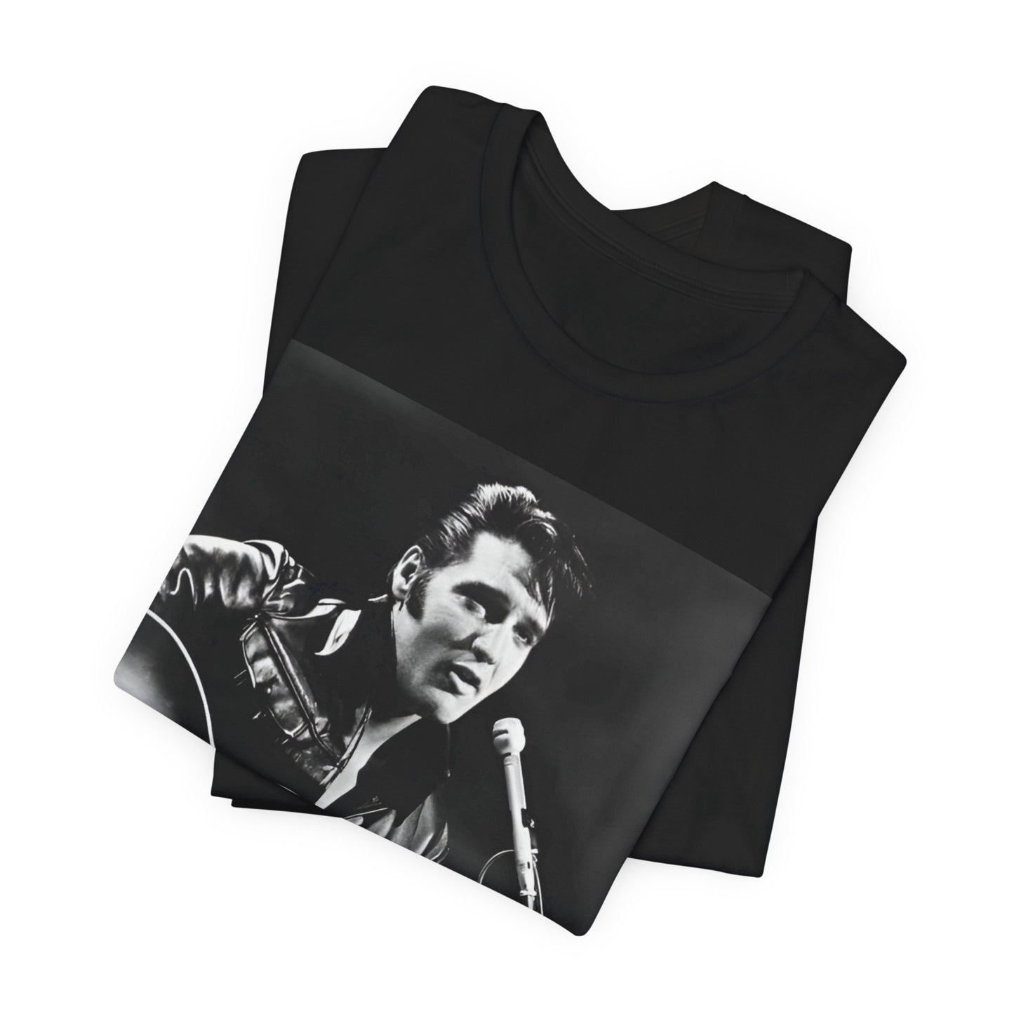 A black graphic t-shirt featuring a graphic related to Elvis Presley's 'Burning Love' song or era.