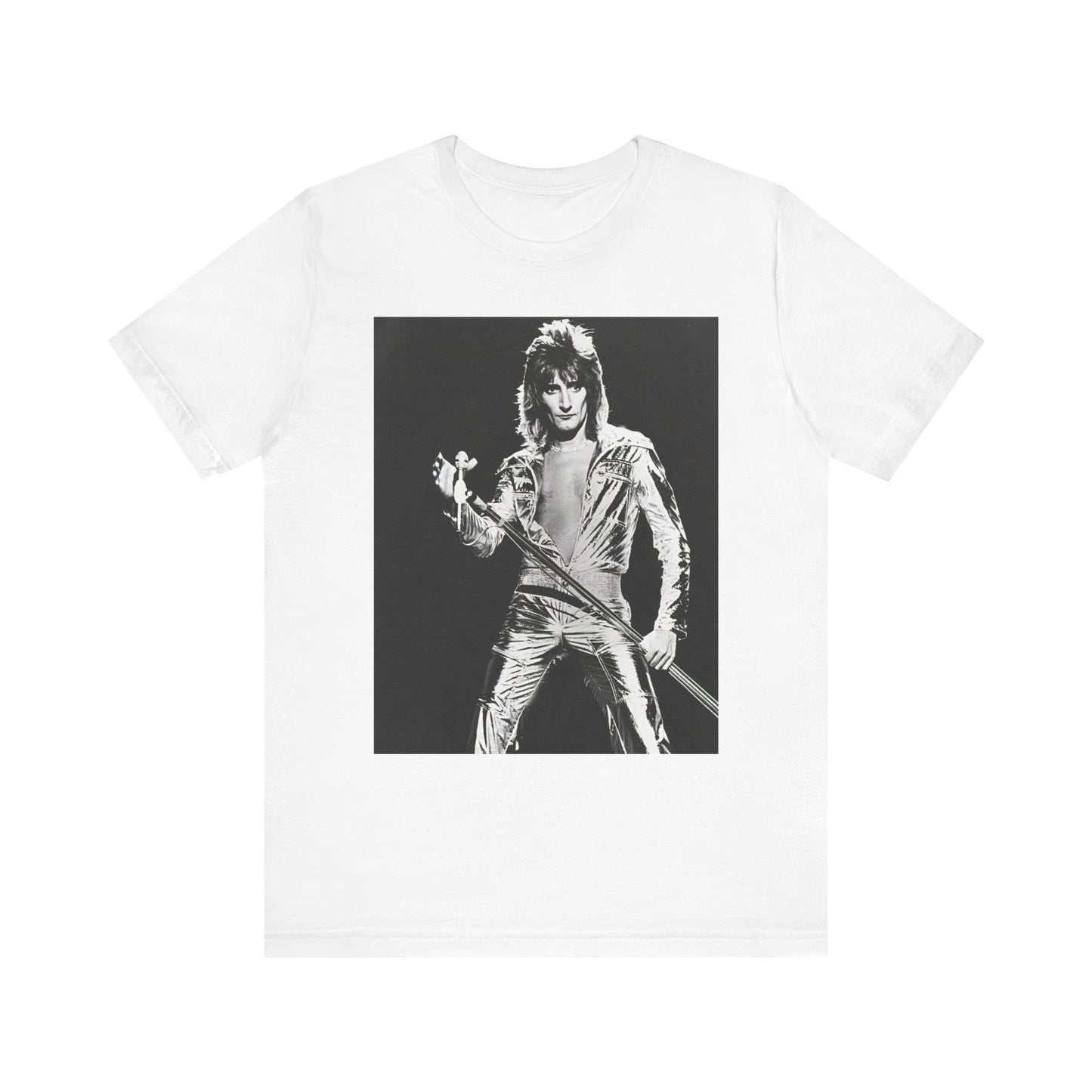 A black graphic t-shirt featuring a 70s black and white monochrome graphic or photo of Rod Stewart.