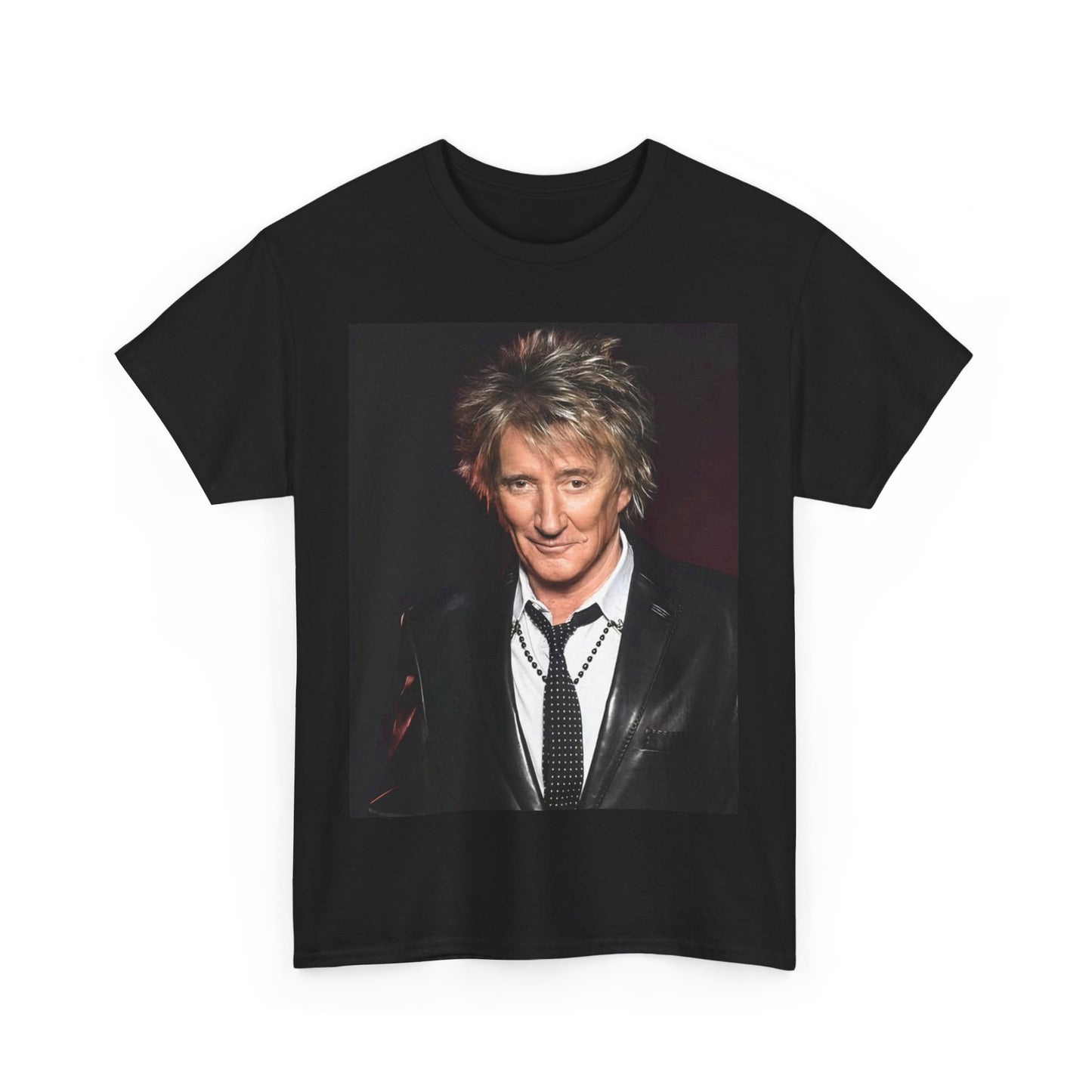 A black graphic t-shirt featuring a 90s portrait photo of Rod Stewart.