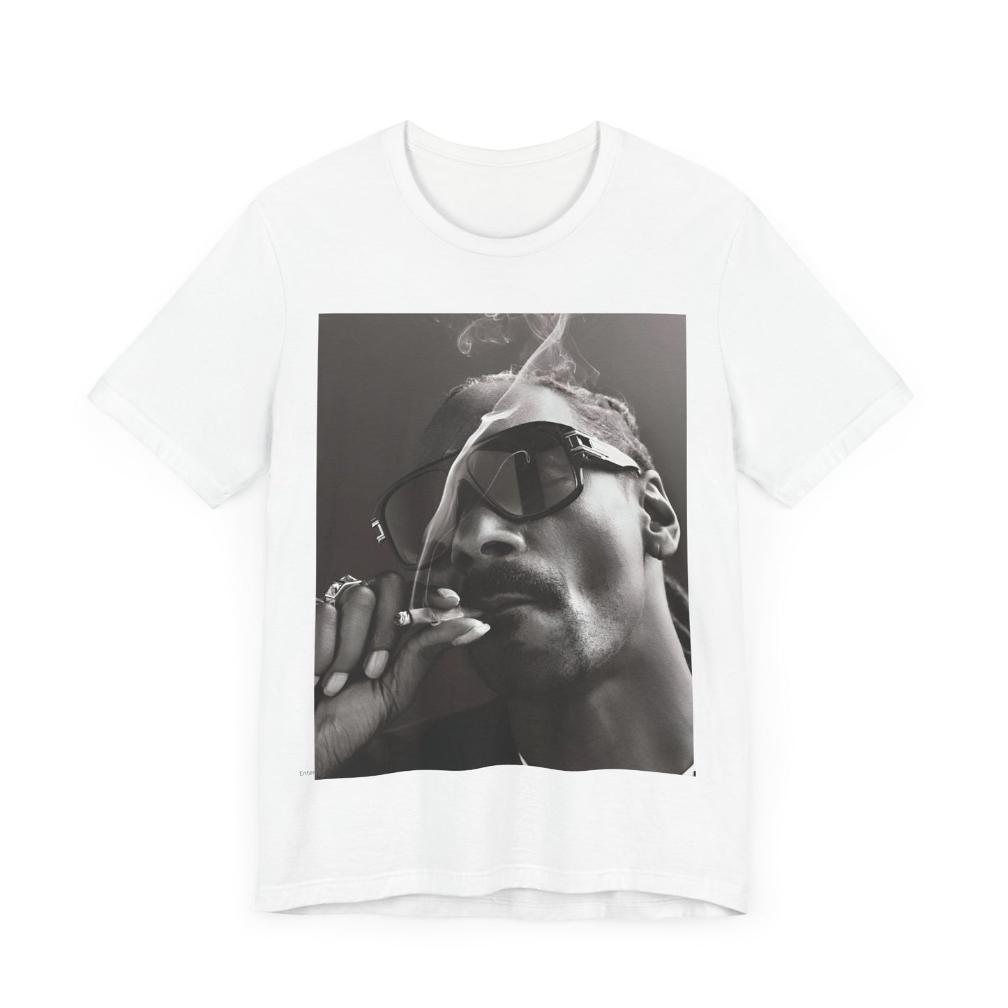 A black graphic t-shirt featuring an iconic black and white shaded portrait graphic of Snoop Dogg.