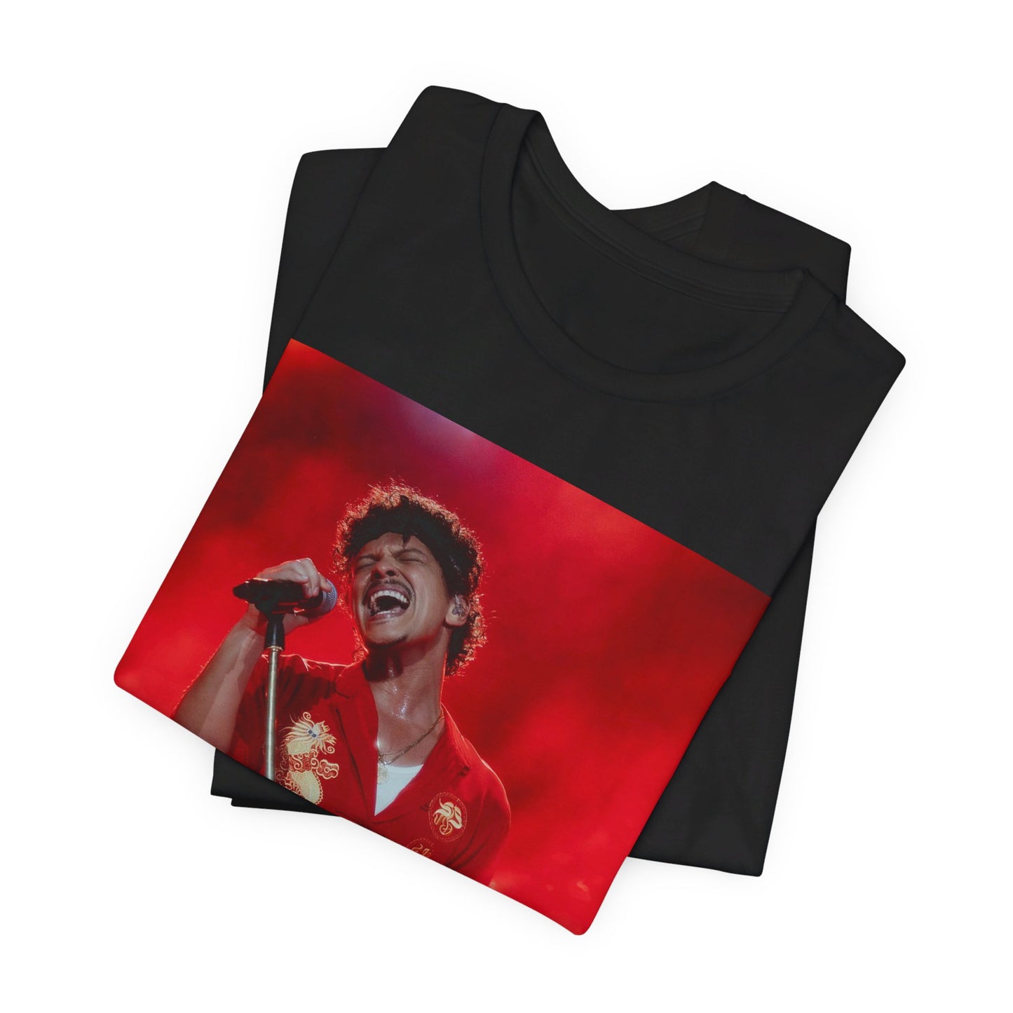 A black graphic t-shirt featuring a graphic related to Bruno Mars' 'Grenade' song or era.