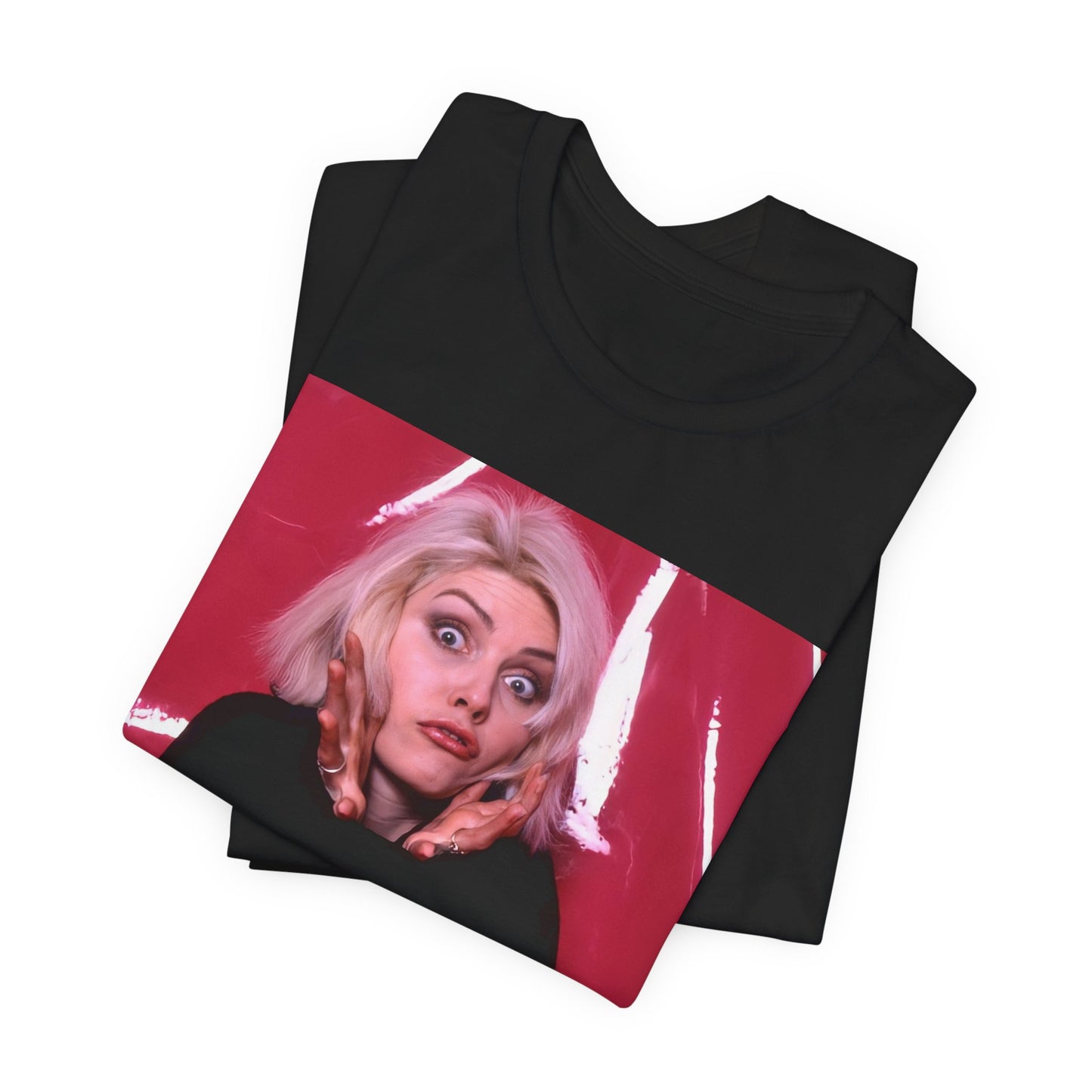 A black graphic t-shirt featuring a graphic related to Blondie's 'Atomic' song or era.