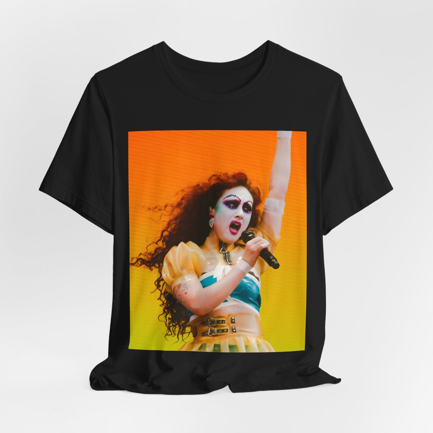 A black graphic t-shirt featuring a graphic of Chappell Roan, designed with a future pop aesthetic.