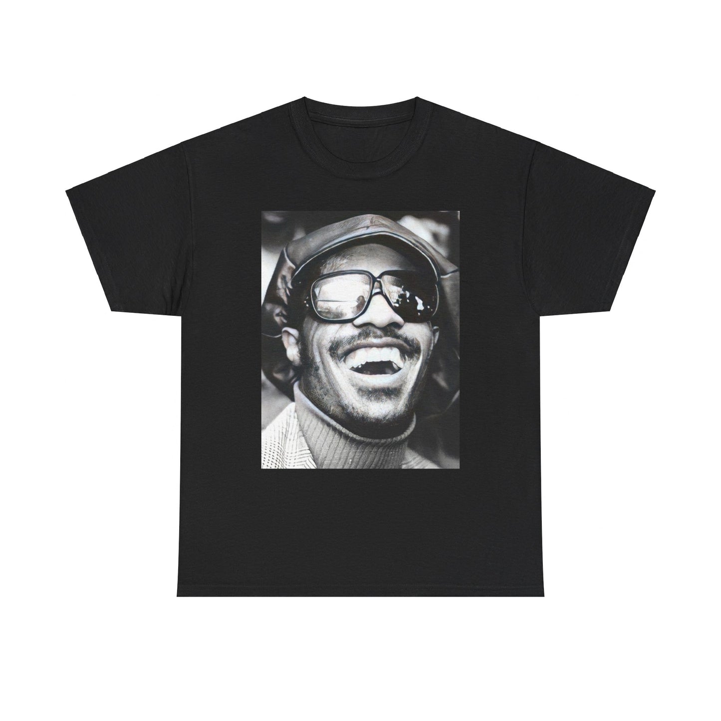 A black graphic t-shirt featuring a black and white portrait photo of Stevie Wonder.