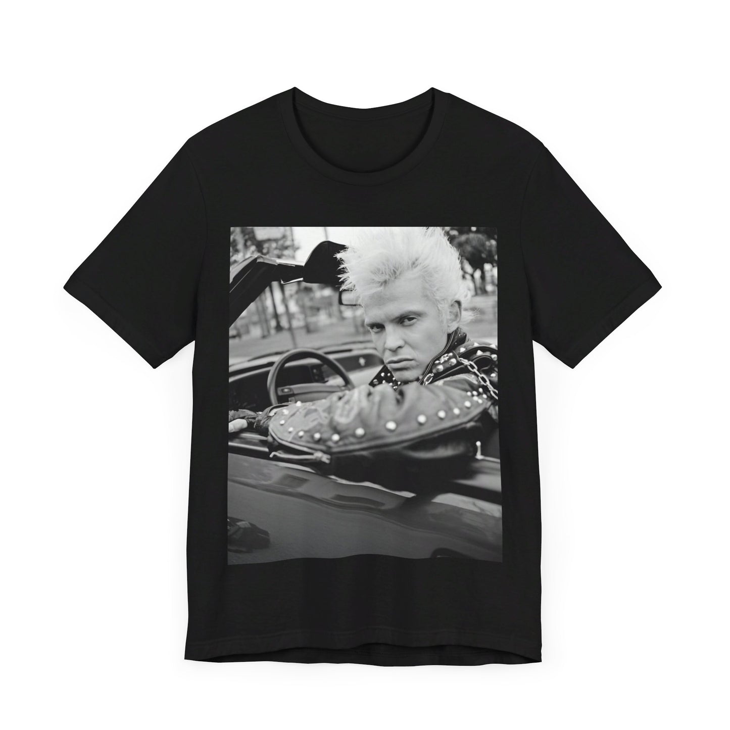 A black graphic t-shirt featuring a graphic of Billy Idol in a classic 80s punk rock pose.