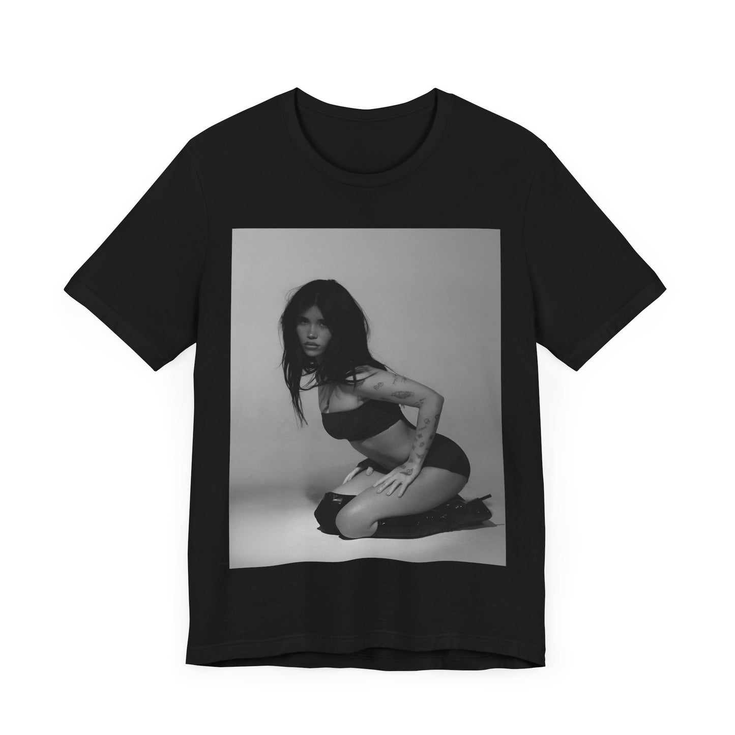 A black graphic t-shirt featuring a black and white, monochrome graphic or photo of Nessa Barrett.