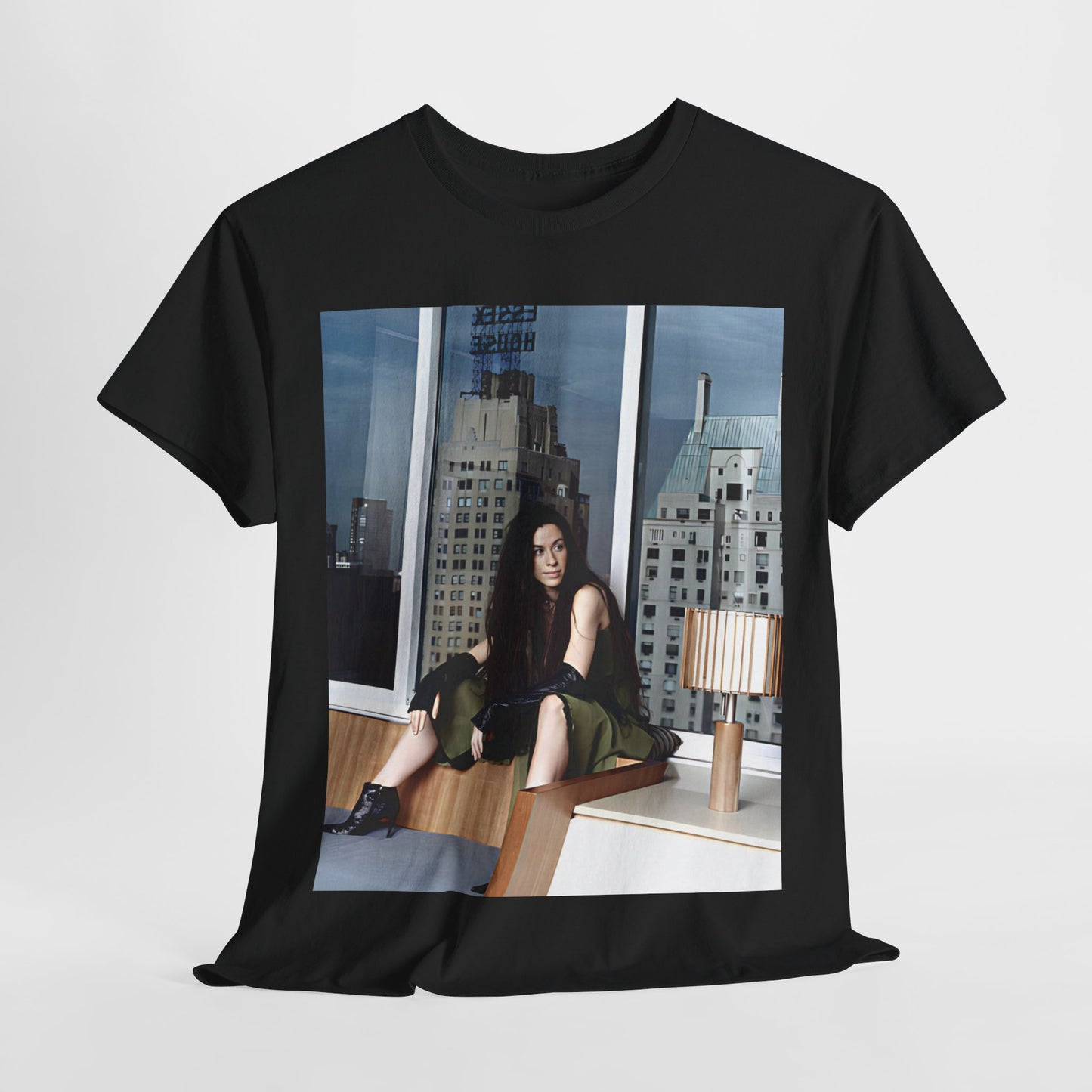 A black graphic t-shirt featuring a photo portrait of Alanis Morissette.