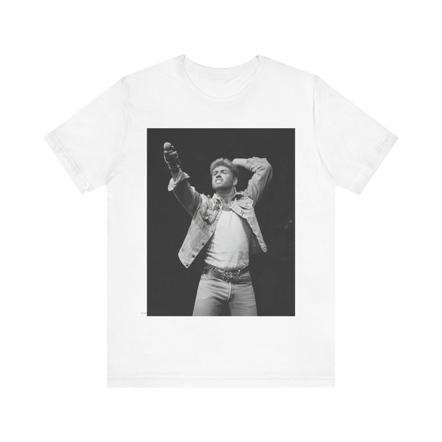 A black graphic t-shirt featuring a graphic or photo of George Michael performing live on stage.