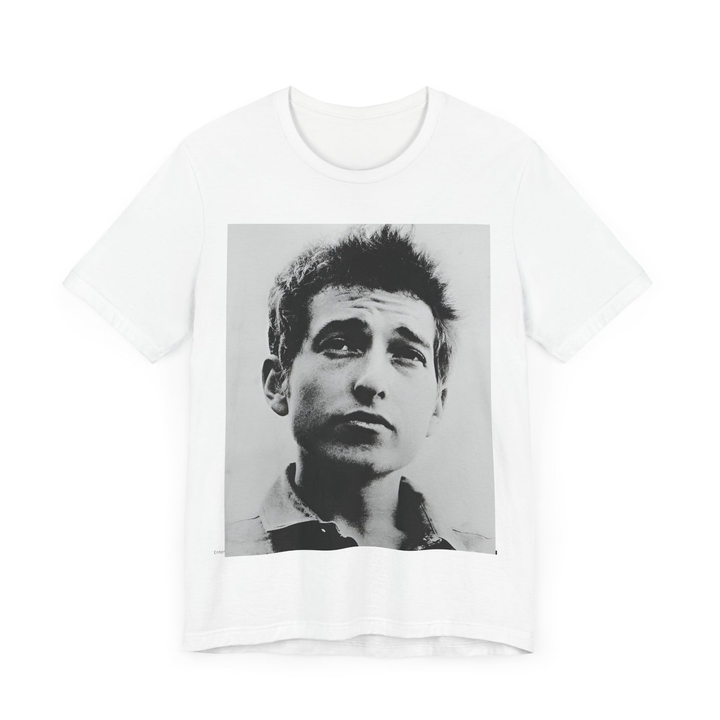 A black graphic t-shirt featuring a retro black and white folk iconic graphic of Bob Dylan.