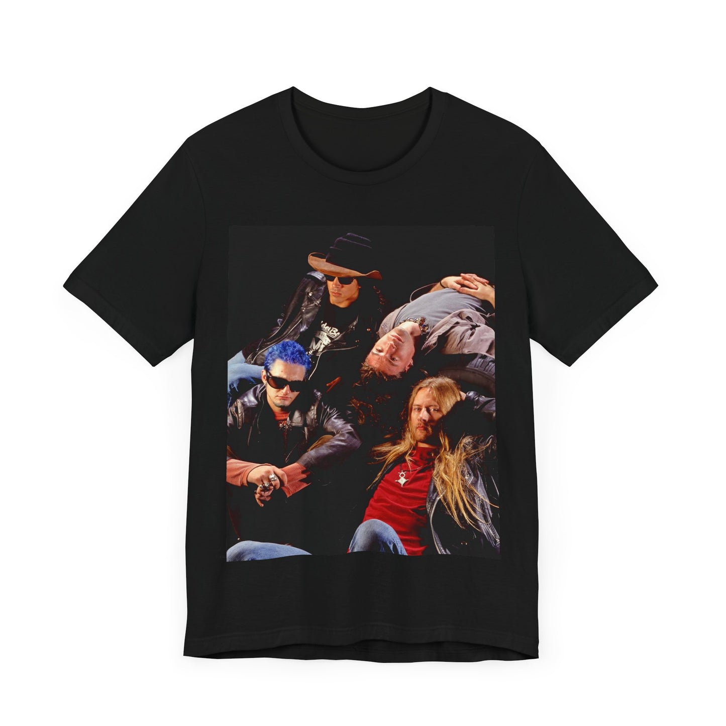 A black graphic t-shirt featuring a 90s grunge rock band graphic for Alice In Chains, possibly with band members or stylized elements.