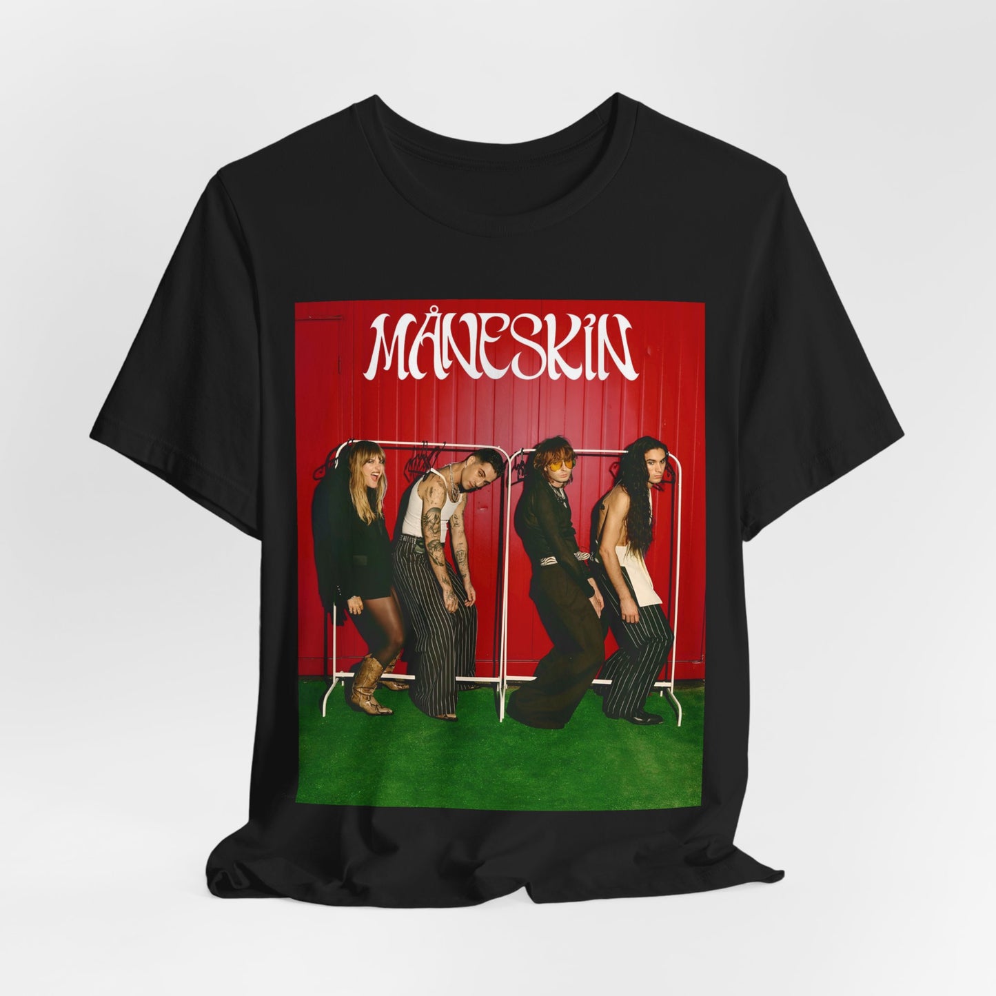 A black graphic t-shirt featuring a graphic related to Maneskin's 'RUSH' album era.