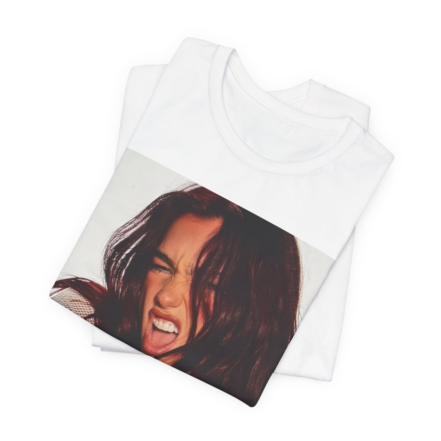 A black graphic t-shirt featuring a bold disco pop graphic of Dua Lipa as a superstar.