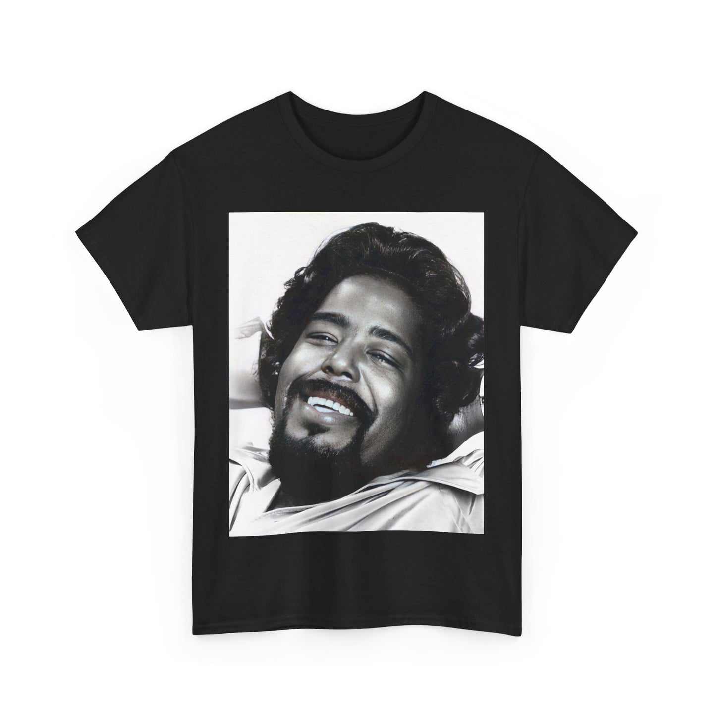 A black graphic t-shirt featuring a 70s-style pop art graphic of Barry White with a relaxed or 'chill' expression.