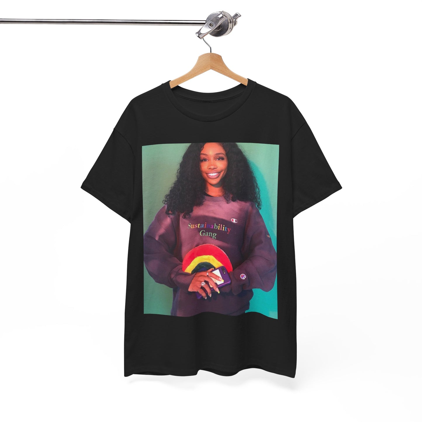 A black graphic t-shirt featuring a graphic of SZA with a feel-good R&B vibe.