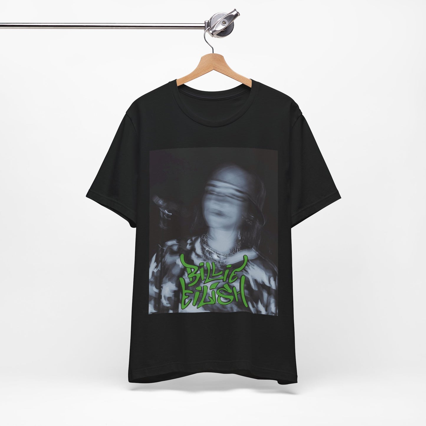 A photo of Billie Eilish in a classic 'anti-popstar' pose, with a bored expression and slouchy streetwear, printed on a graphic t-shirt.
