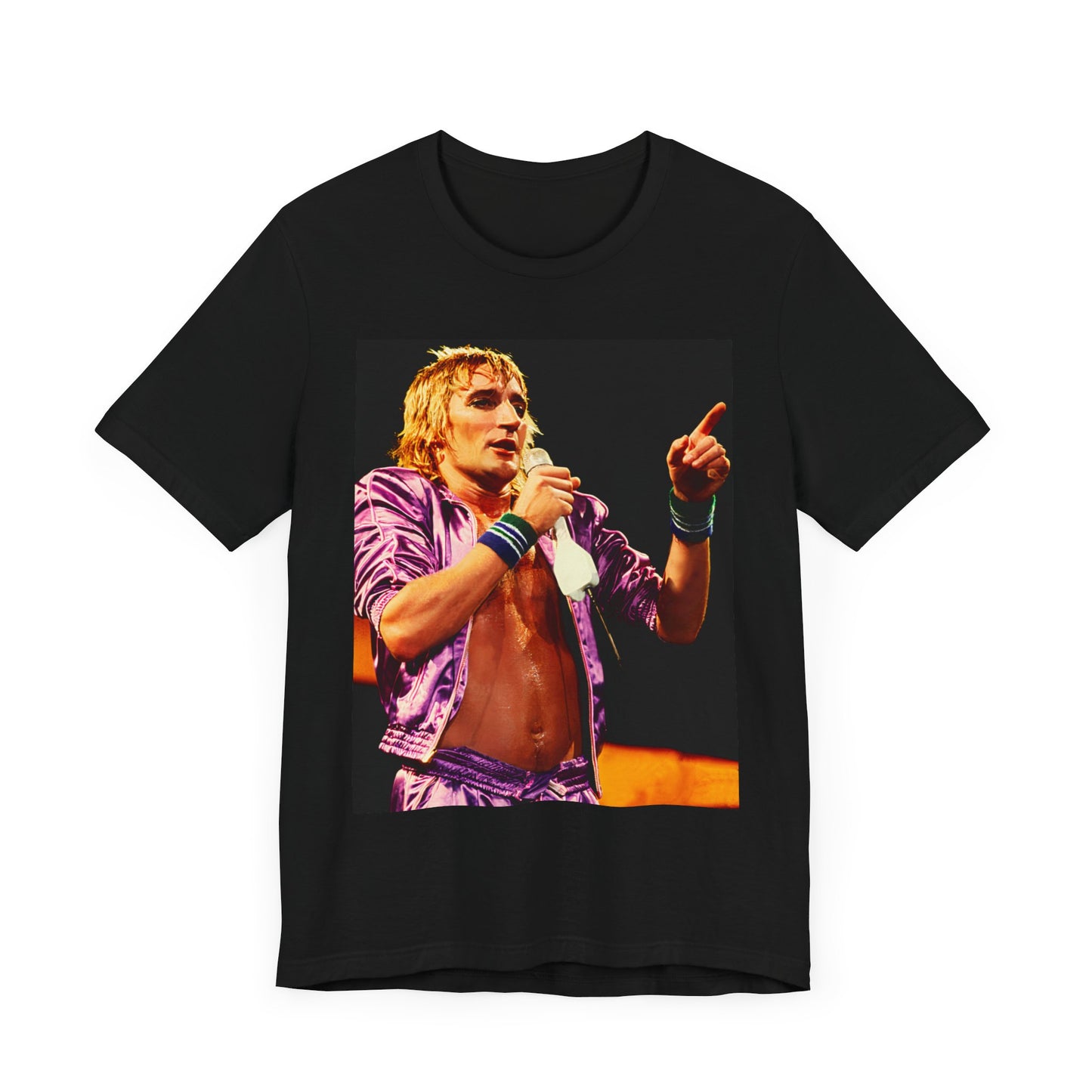 A black graphic t-shirt featuring a graphic of Rod Stewart with a chill 70s rock aesthetic.