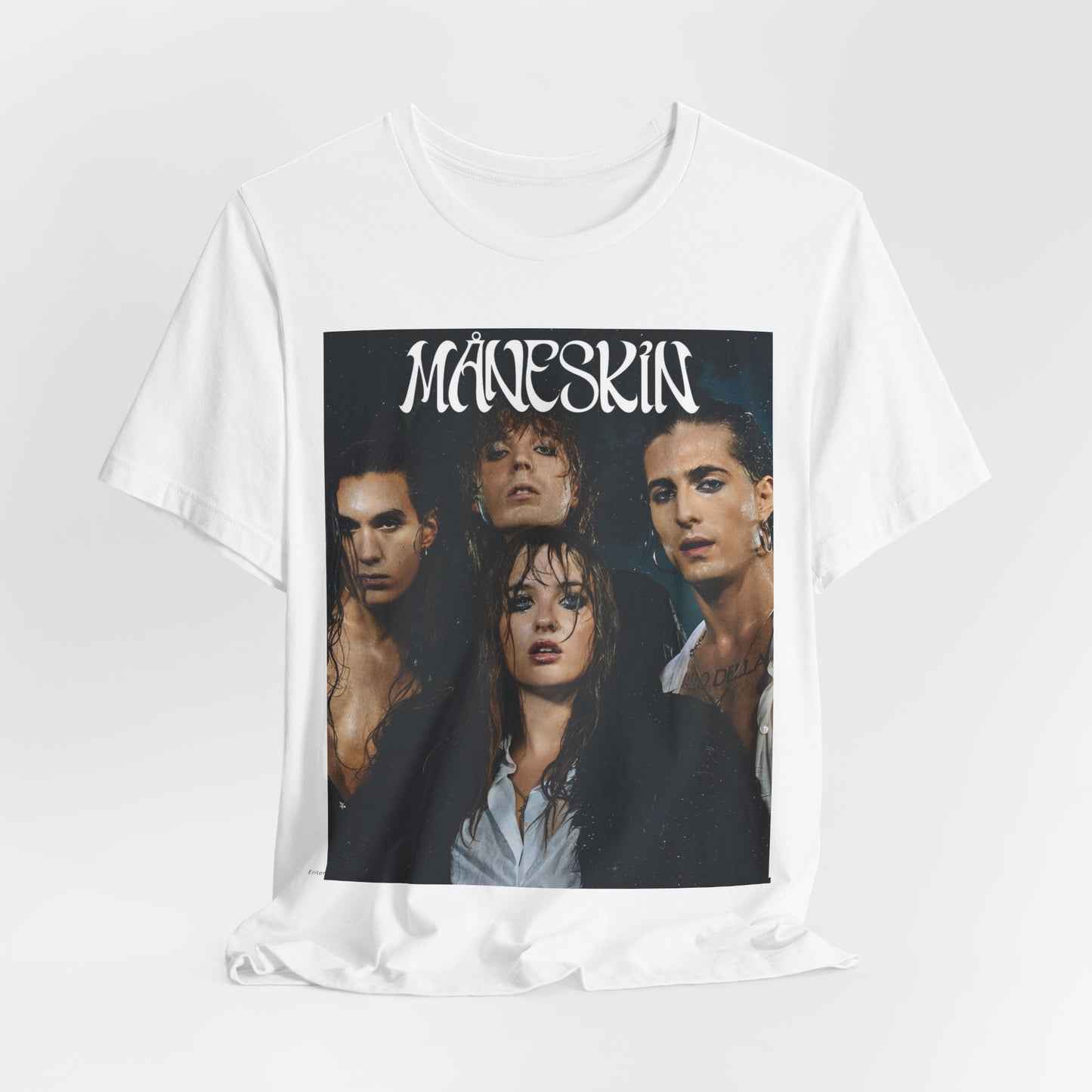 A black graphic t-shirt featuring a graphic of Maneskin with cool Italian rock vibes.
